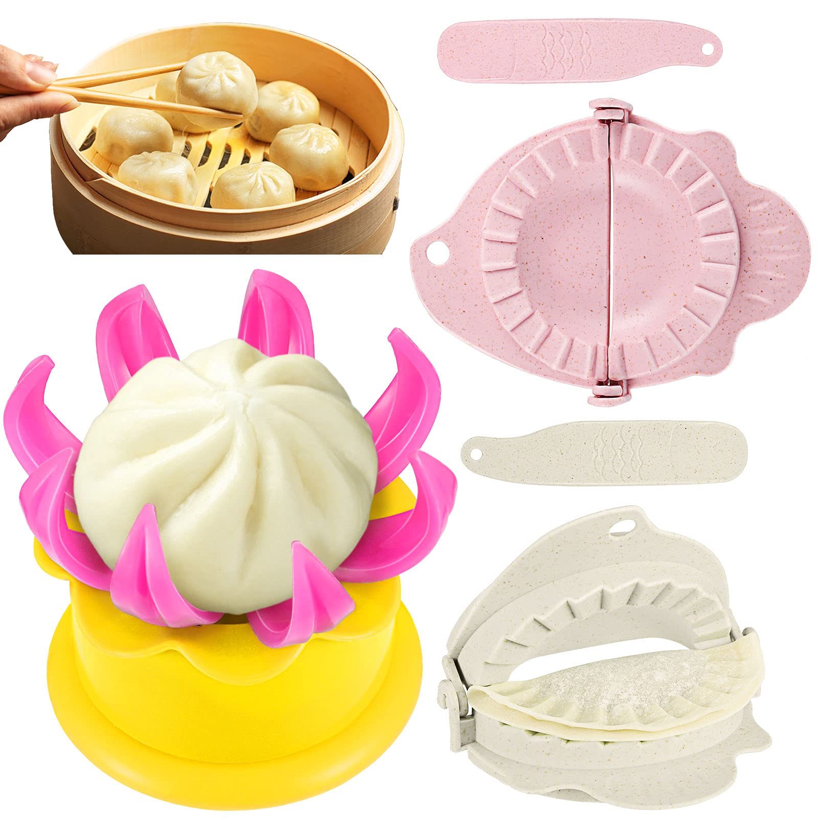 5 Pieces Bun Maker Dumpling Maker Steam Filled Plastic Mold and Filling Spoon Cooking Tool Set for Adults Press Steamed Stuffed Mould Make Delicious Bun and Dumplings(Yellow, Pink, Beige)