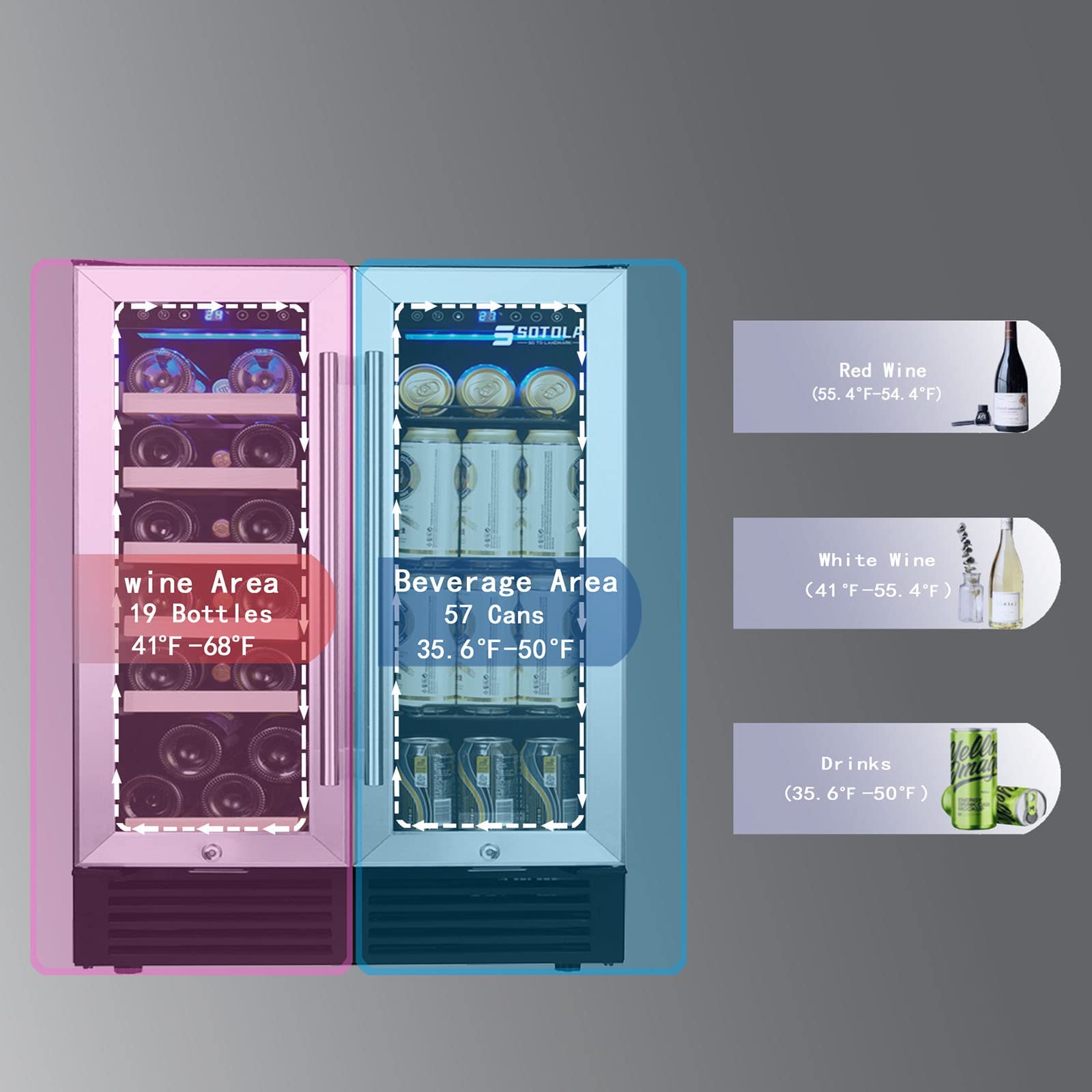 Ljlzxpbus 24'' Wine Cooler Refrigerator, Dual Zone Built-In Or Freestanding Wine Cooler With Double Glass Door, Mini Quietly Fridge With Compressor, Keeps 19 Wine Bottles And 57 Cans Beverages on Fridge.com - View 5