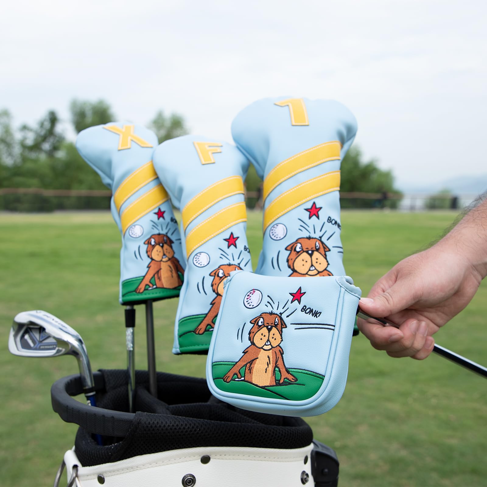 Golfschlägerhauben für Fahrerabdeckungen, Fairway-Holzabdeckungen, Hybrid-Abdeckungen im Gopher-Stil, Premium-Leder, 3-Holz-Schlägerhaube, Set mit austauschbaren Nr. Tags, Golfschlägerabdeckungen