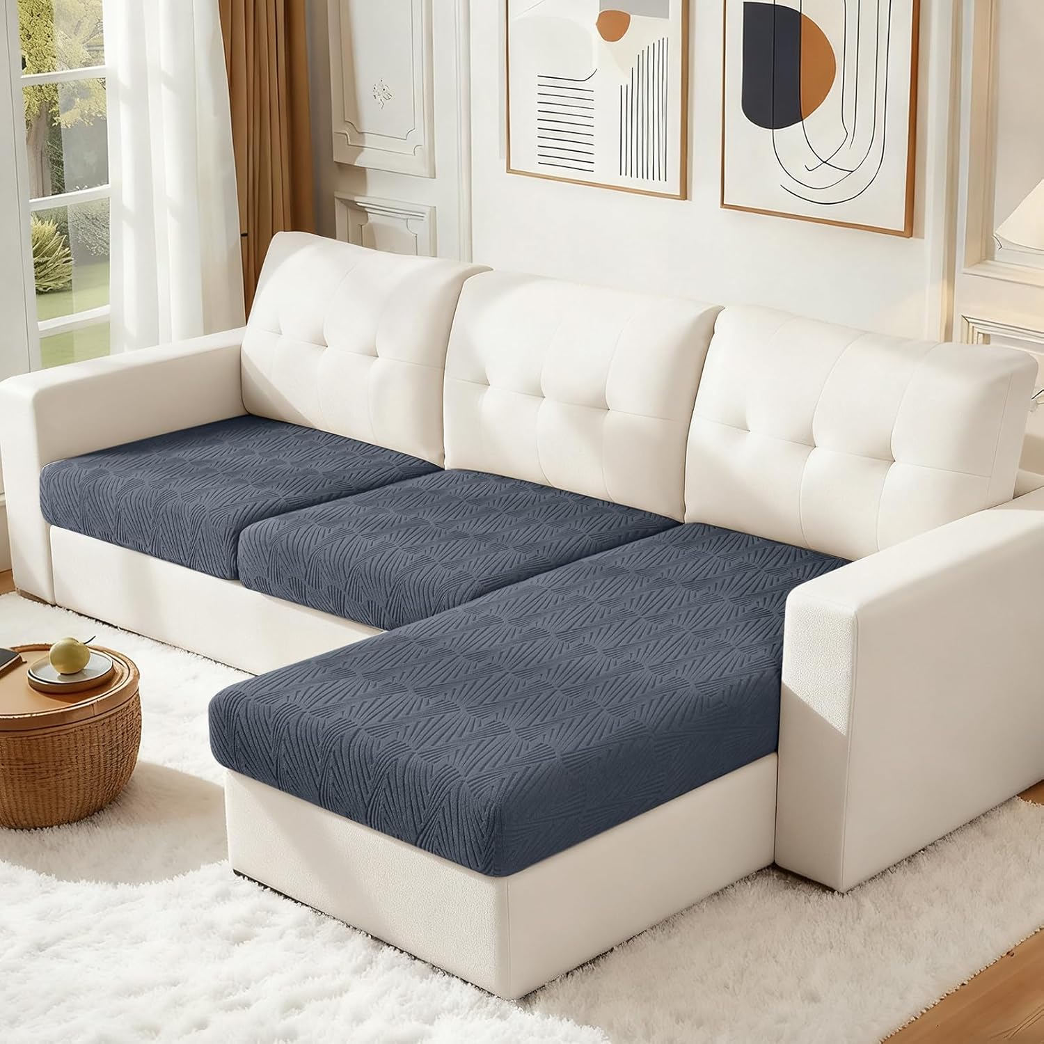 VANSOFY Couch Cushion Covers for Sectional Sofa, Stretch Jacquard Couch Seat Cushion Covers, Individual Washable Furniture Protector Sofa Slipcovers for Pet (2 Seater+1 Chaise Cover, Grey)
