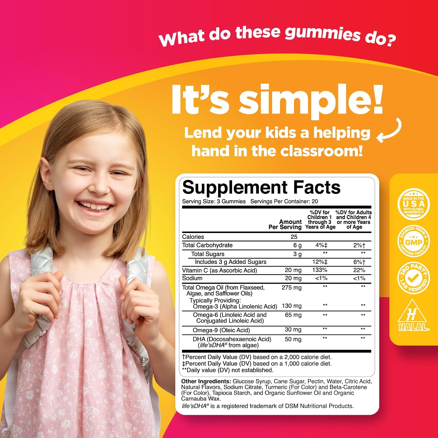 Kids Omega DHA Gummies - Fatty Acids Omega 3 6 9 with Vitamin C for Brain, Immunity & Vision - Nutritional DHA for Kids for Healthy Nervous System & Focus Support - Fish Free & Vegan - 60 Chews - Image 3