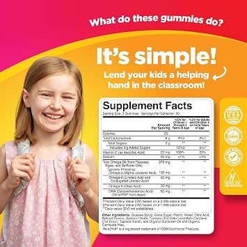 Kids Omega and DHA Gummies - Fatty Acids Omega 3 6 9 with Vitamin C for Vision - Nutritional DHA for Kids for Healthy Nervous System & Focus Support - Fish Free - 60 Count