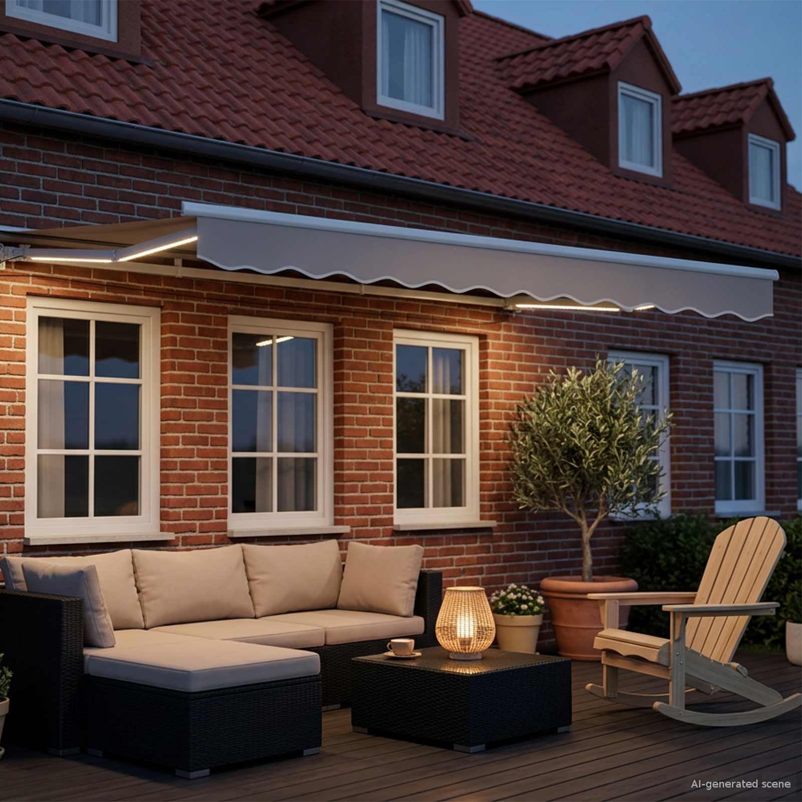 Telaio per tenda da sole elettrico, bianco, 3 x 2 m, in alluminio con LED, funzionamento a manovella, montaggio a parete, braccio articolato e protezione solare per giardino, terrazza, balcone