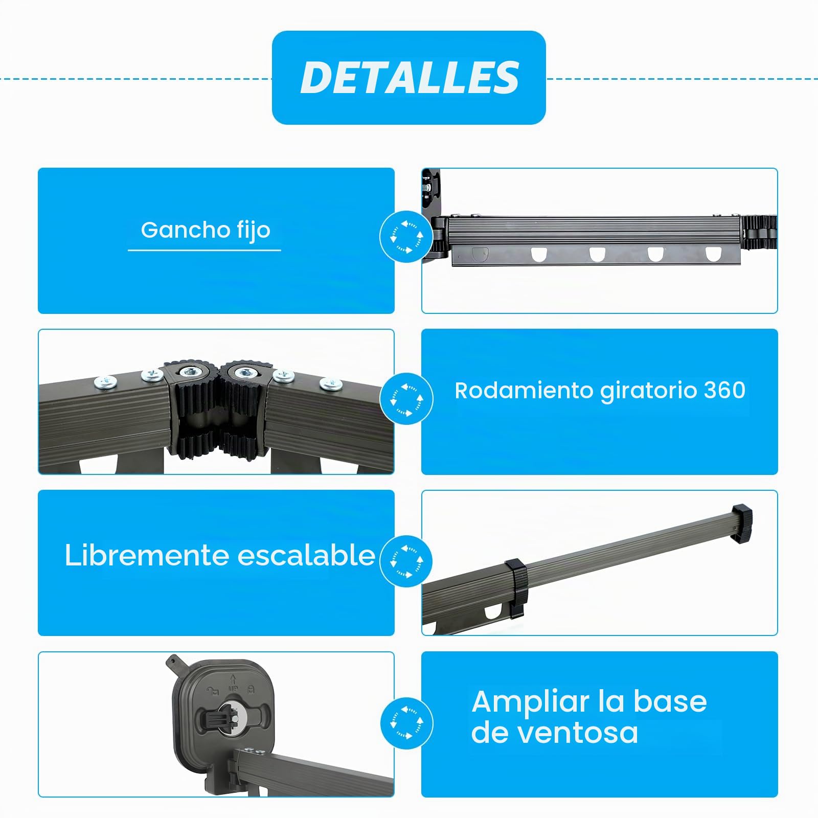 Tefola Tendedero de pared para montaje en la pared, 3 veces plegable, Barra de ropa extensible con ventosa, Tendedero que ahorra espacio, para balcón, ropa, baño, terraza, apartamento, autocaravana