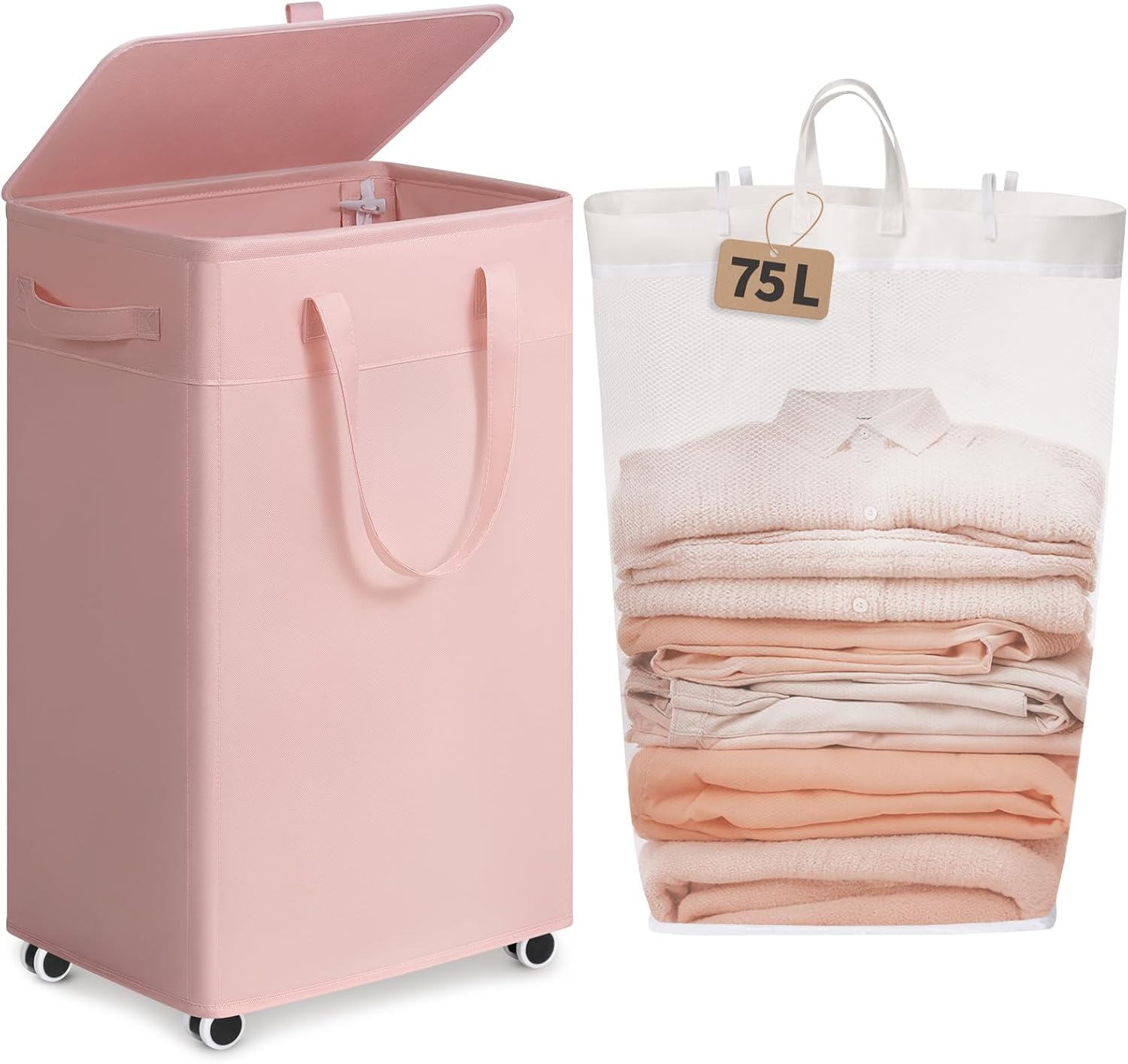 Goodpick Pink Laundry Basket with Wheels and Lid, 75L Rolling Laundry Hamper for Bathroom Bedroom, Collapsible Large Clothes Hamper with Removable Wash Bag, 16.5" x 12.5" x 27.5"