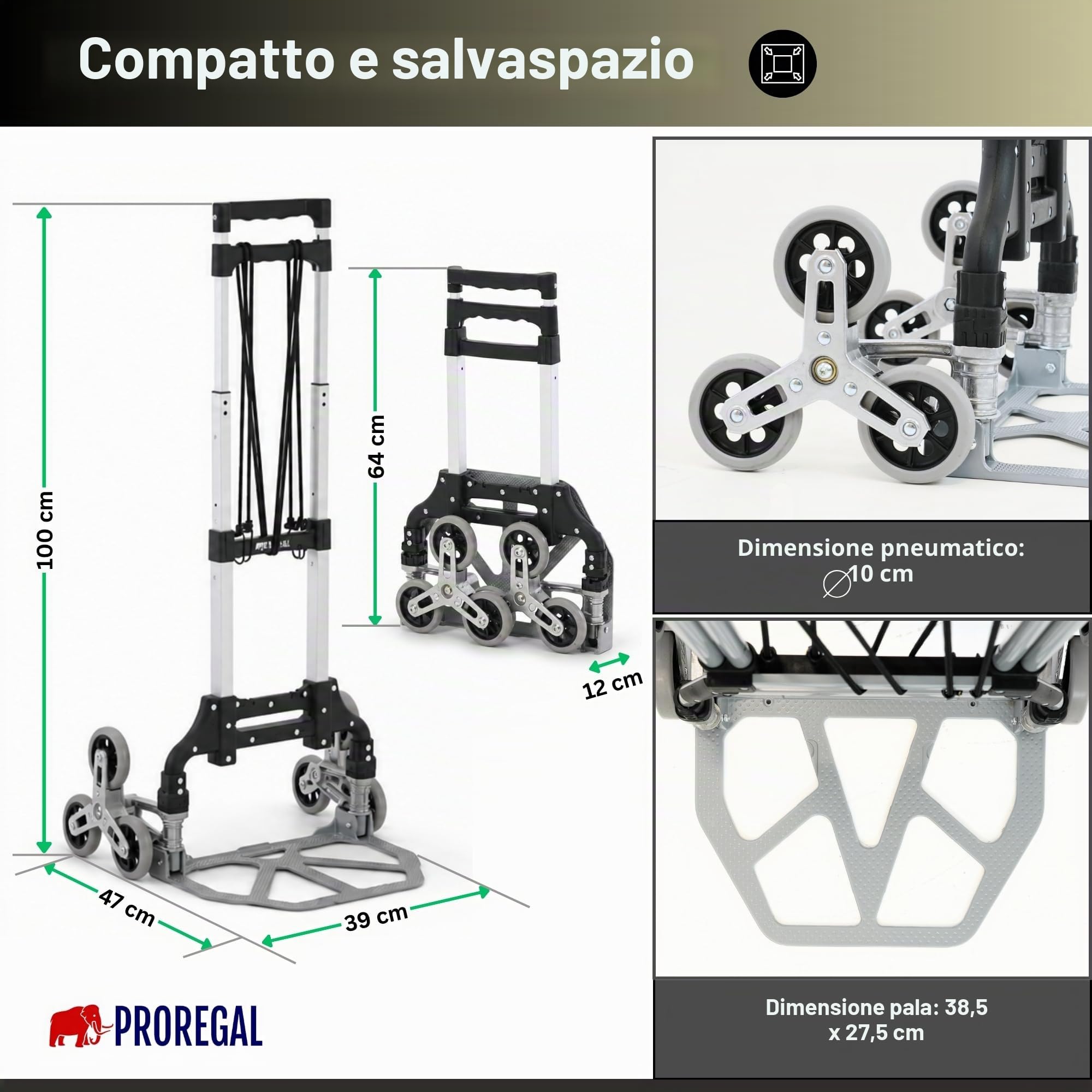 PROREGAL Carrello saliscale pieghevole ELEPHANT | AxLxP 110x45x48cm | Portata 70kg | Cornice in alluminio, maniglie ergonomiche, Ruote in gomma dura TPR | Silber