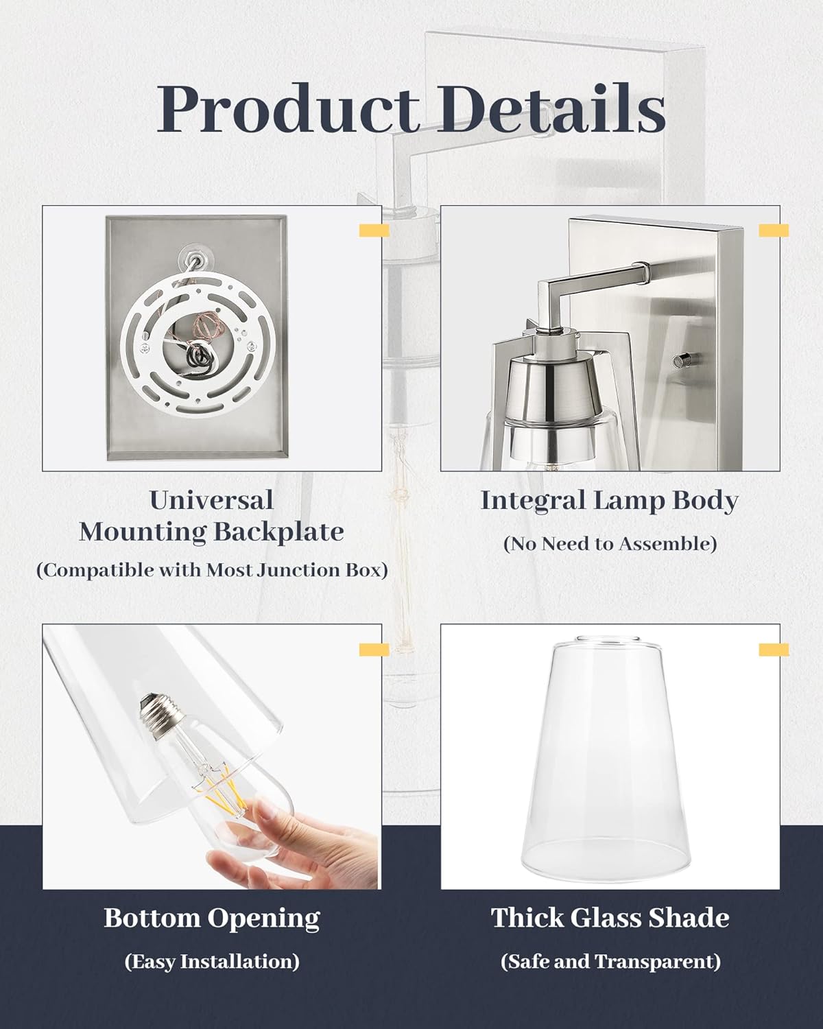 EAPUDUN Wall Sconces Bathroom Light Fixtures, Modern Farmhouse 1-Light Bathroom Vanity Light Fixtures, Indoor Wall Lamp in Brushed Nickel Finish, Clear Glass Shade and Metal Base