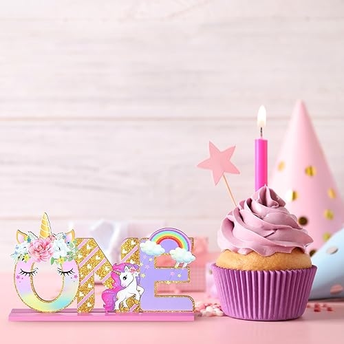 Miniatura 6 de Letrero de unicornio de una letra para el primer cumpleaños, centro de mesa de madera con arco iris, decoración de mesa de cumpleaños, suministros