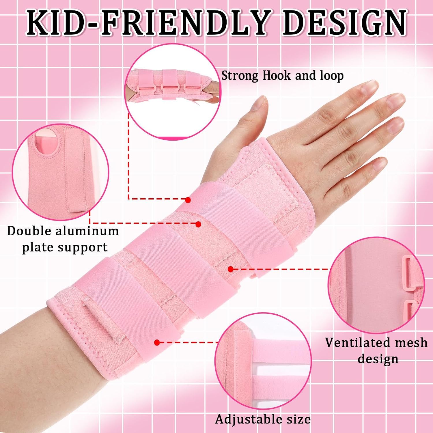 Konohan 2 Pcs Wrist Brace for Kids Youth Carpal Splints Wrist Brace Sports Night Support with Adjustable Compression Straps for Children Sleep (Pink,Age 8-12)