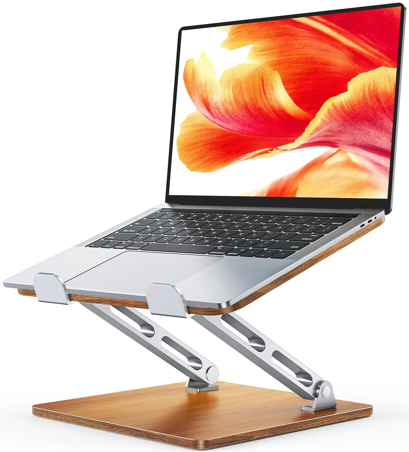 CIRYCASE Supporto PC Portatile Ergonomico, Laptop Stand Legno & Alluminio Rialzo PC Scrivania Doppia Barra, Regolabile Altezza Pieghevole, Supporti Libri da Cucina Compatibile con MacBook B28 10-16"