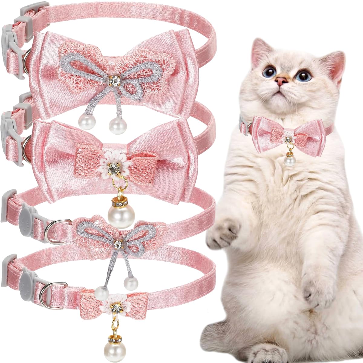 4 PCS Pink Bow Cat Collars Cute Kitten Collar Breakaway Safety Cat Bowtie Lightweight Kitten Collars with Quick release Buckle Lace Bow Beads Necklace Adjustable Puppy Necklaces for Cats Small Dogs