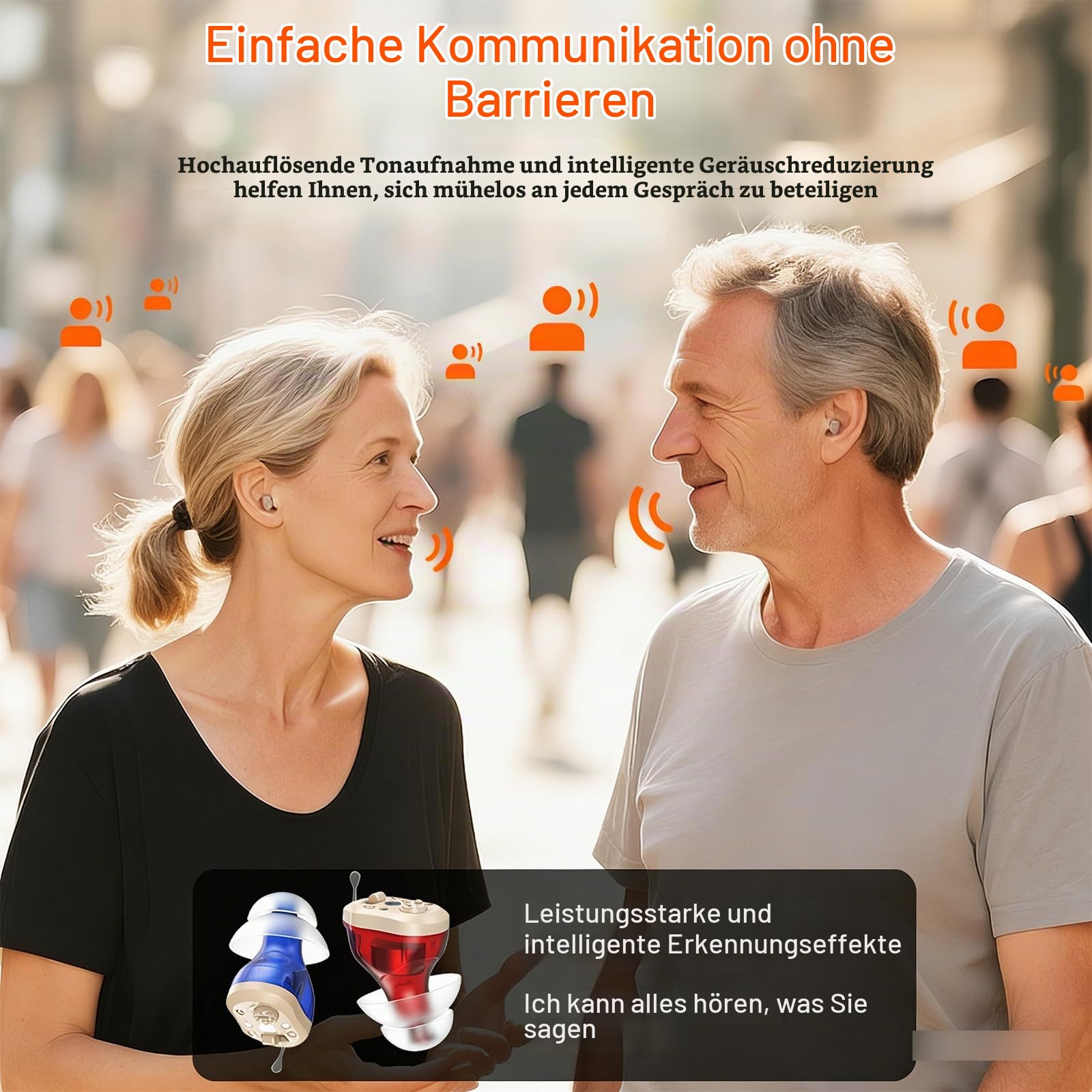Wiederaufladbares Soundgerät für Senioren & Erwachsene, Unsichtbares Soundgerät mit 7 unterschiedlich großen Silikon-Ohrstöpseln, In-Ear Invisible Design, Sound Excellence, Comfort Fit (Rot & Blau)