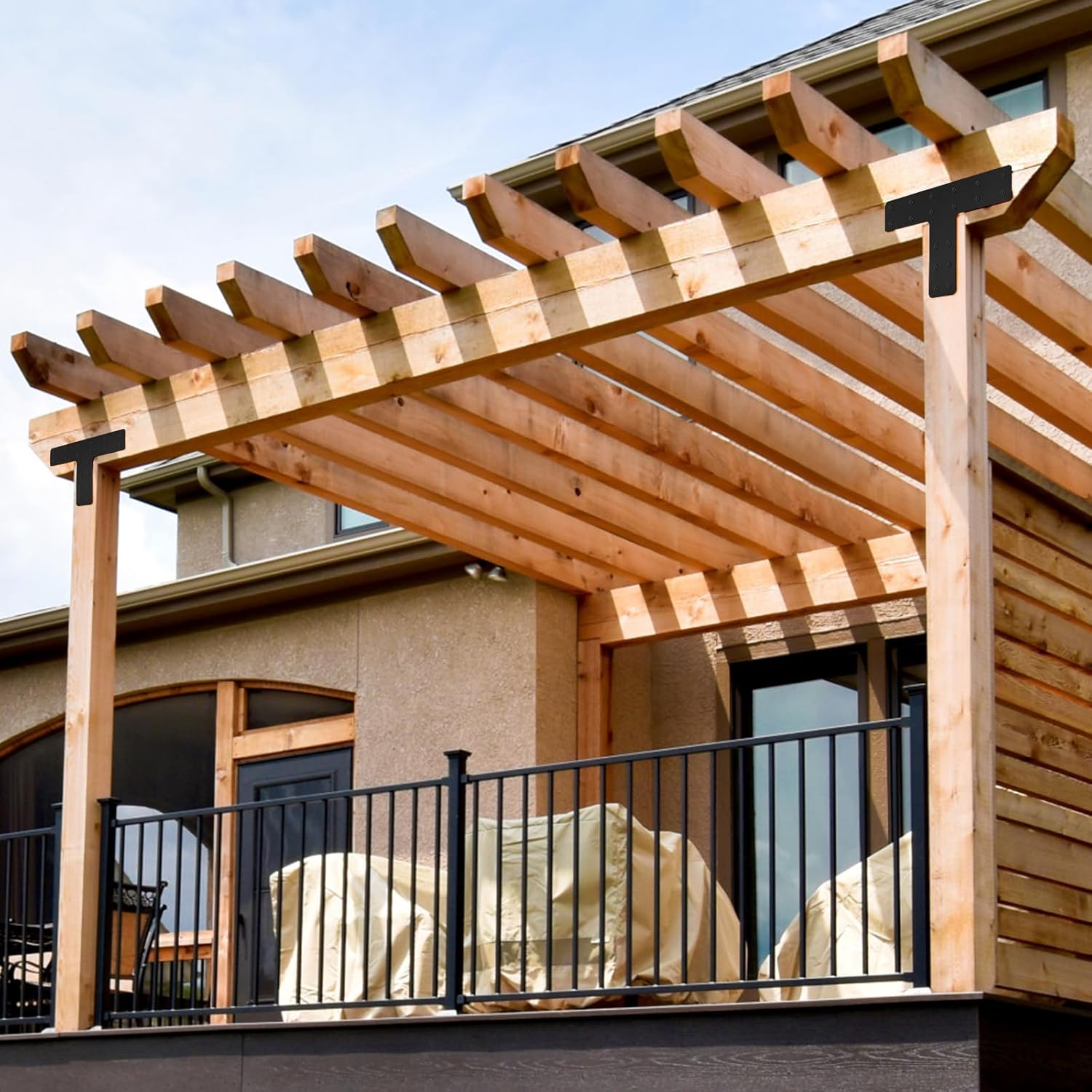 T Post Bracket 4PCS,14x10'' T Flat Mending Plate for Wood 4x4,6x6 Lumber, Black Powder Coated Heavy Duty Pergola Brackets,T Beam Bracket, T Truss Bracket,T Shape Post to Beam Connectors
