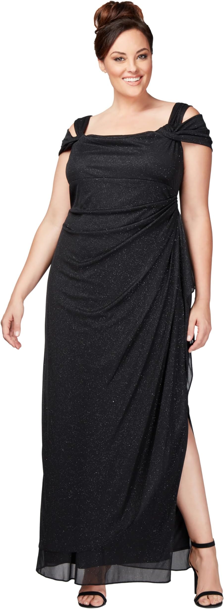 Plus Cold Shoulder Glitter Mesh Dress with Draped Skirt & Cowl Neckline