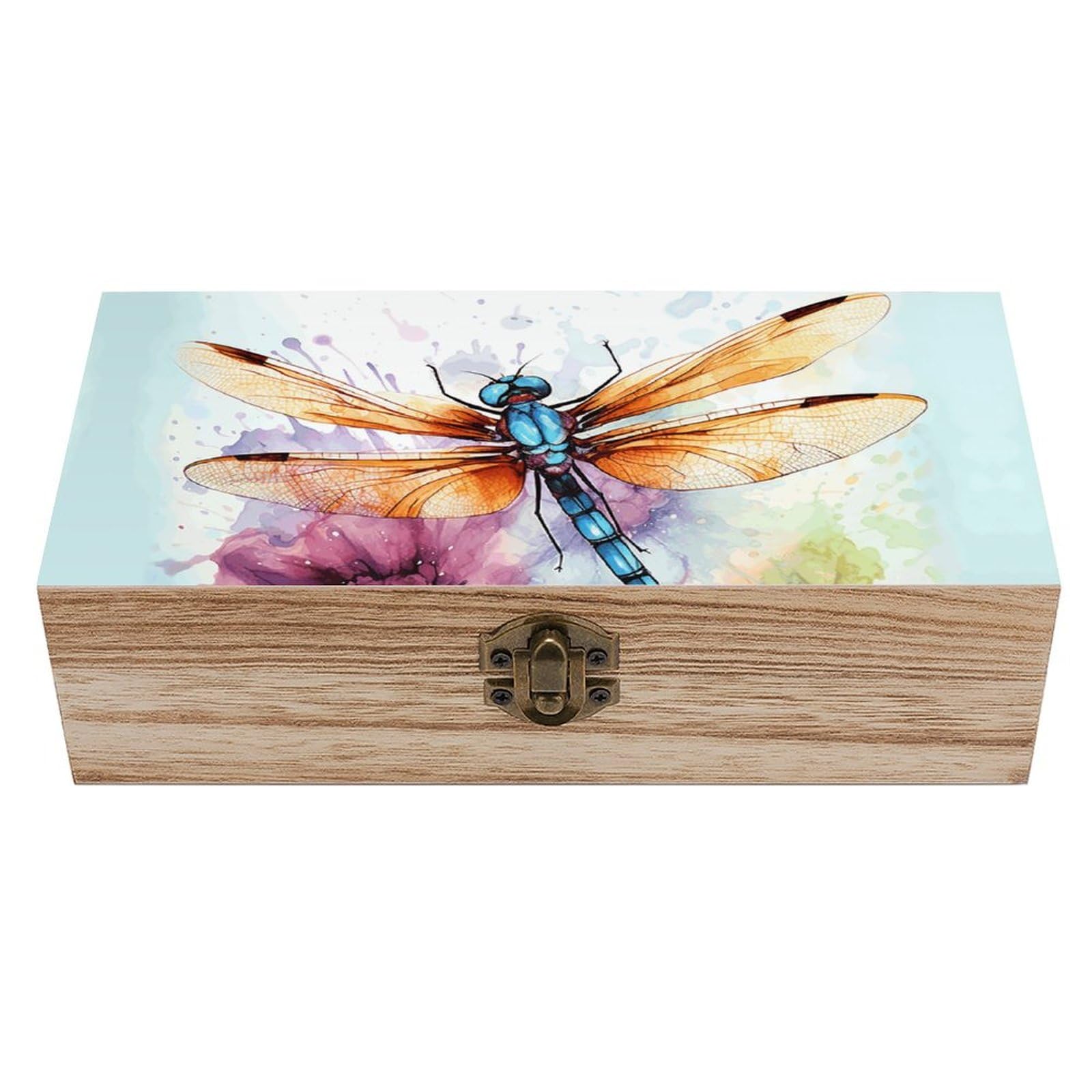 JTREHY Wooden Storage Box Container,Dragonfly Watercolor Paintingprinted Desk Storage Box Room Decoration Box Souvenir Storage Box for Jewelry Gift Storage And Home Decoration