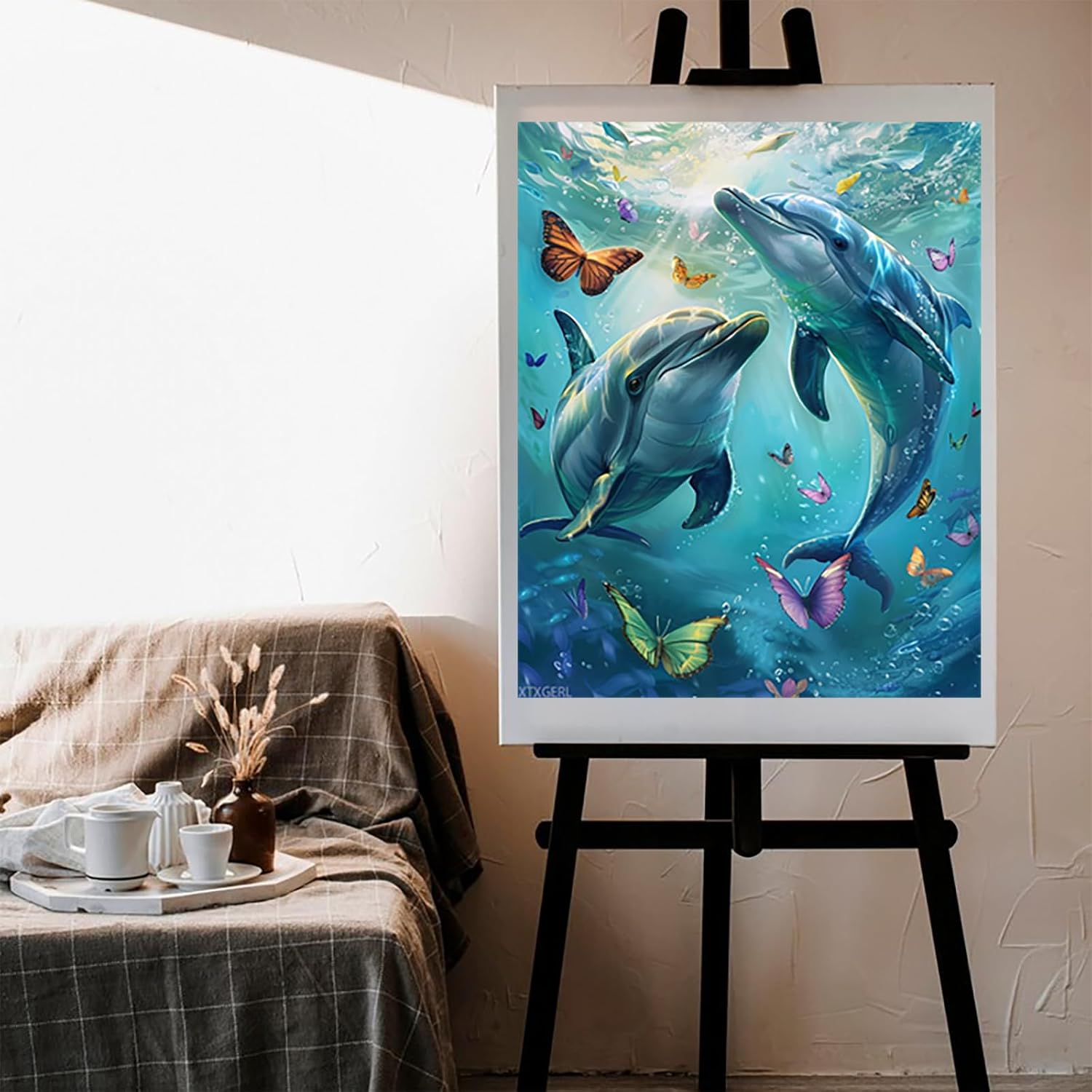 XTXGERL Paint by Numbers Dolphin for Adults, Acrylic Oil Painting by Numbers Kits for Beginner with Paintbrushes Brushes Art Crafts Canvas for Home Decor 16x20 inch / 40x50 cm