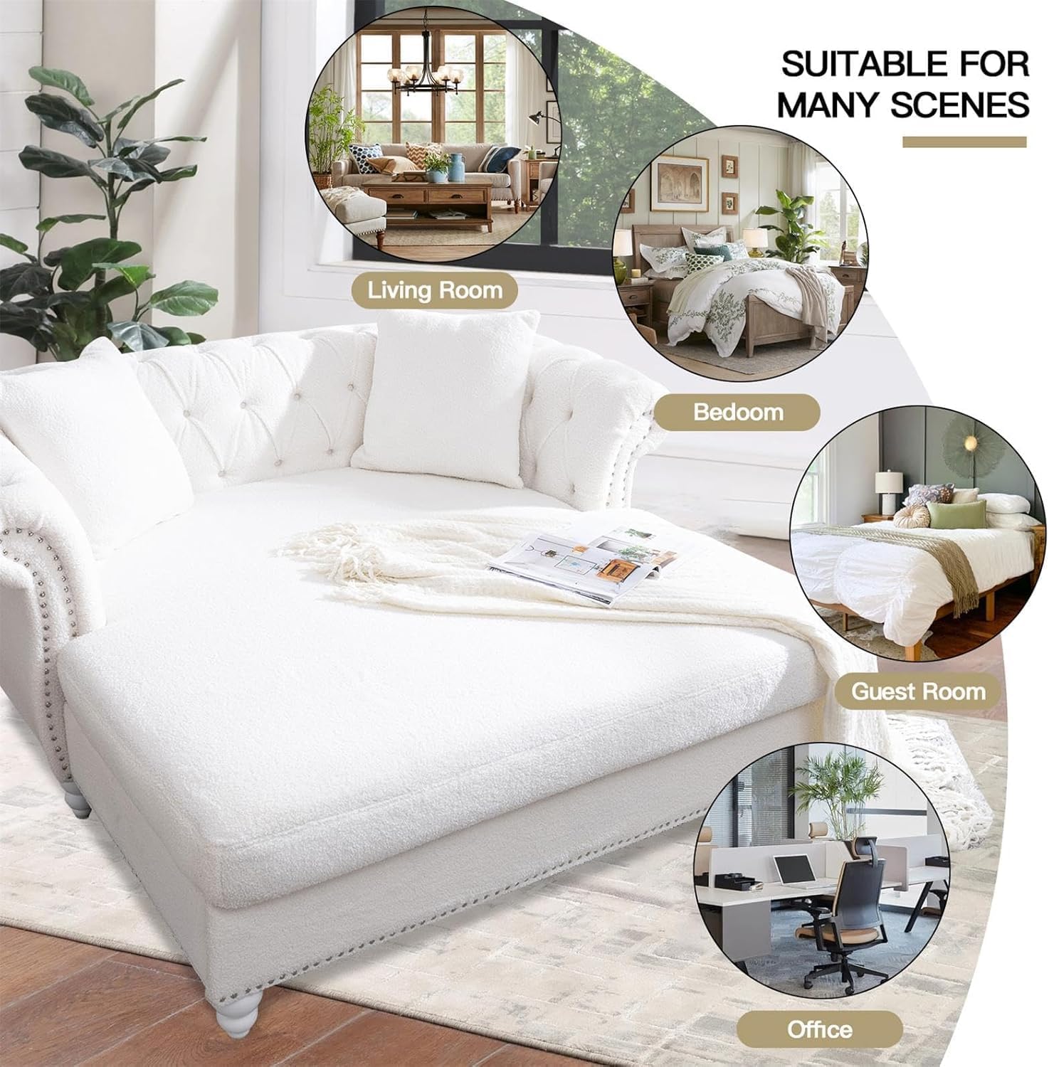 63" Chesterfield Loveseat Chaise Lounge Sofa, Upholstered Velvet, Oversized Chaise Lounge Indoor Sofa, with 2 Pillows, Tufted Back, Rolled Arm, 2-Seater Couch for Living Room or Office (White)
