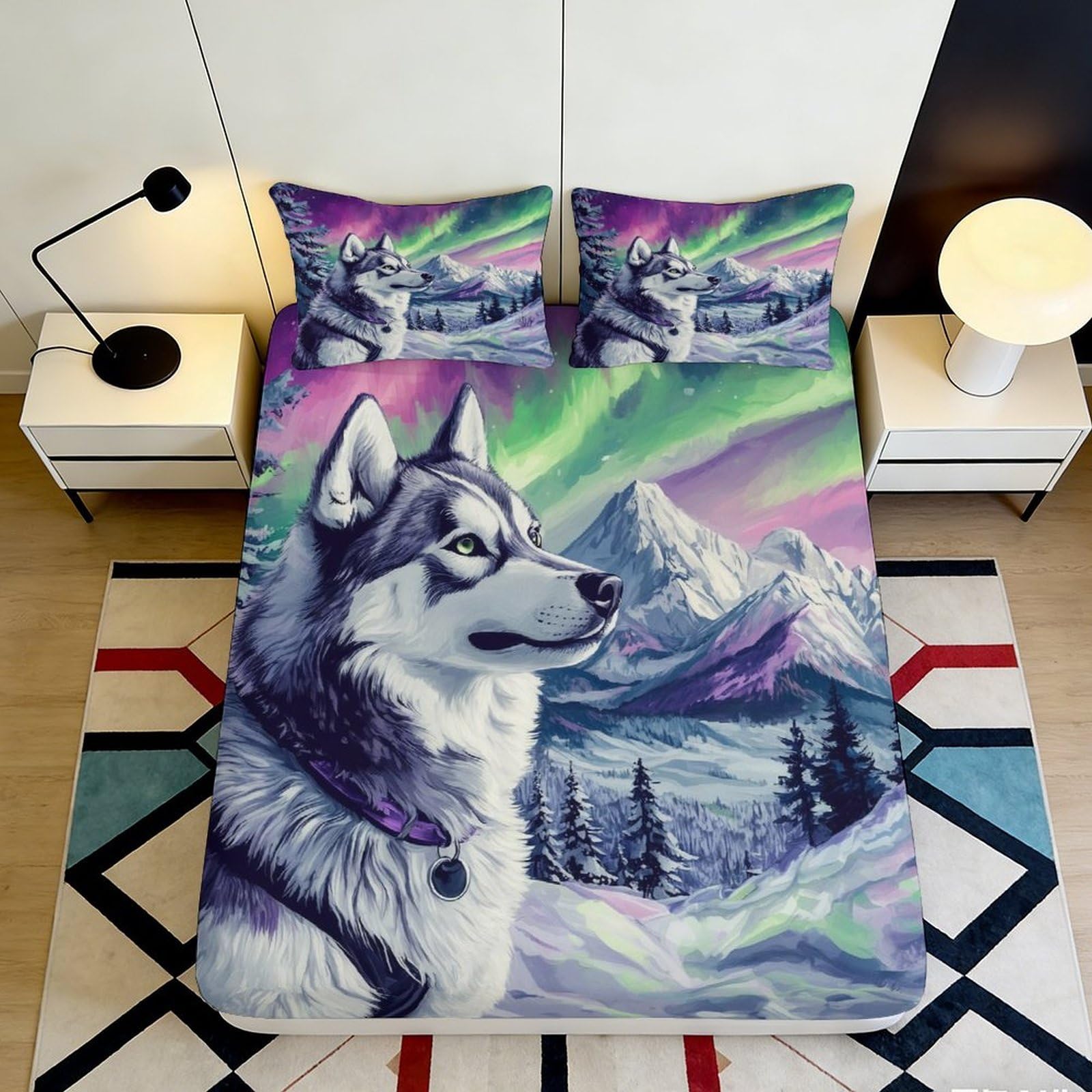 Jqzkxnhpbr Style-4 3D Printed Husky Aurora Fitted Sheet Microfiber Soft Anti-Slip Wolf Mountain Mattress Cover For Bedroom Decor 90X200x25cm