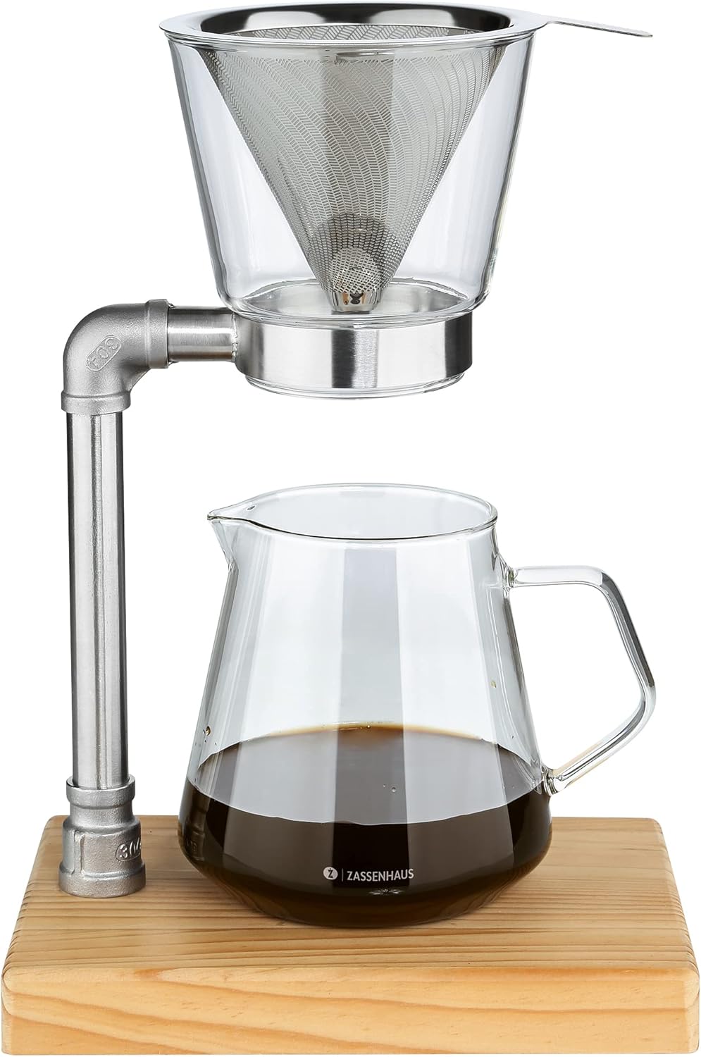 Zassenhaus WORKER Coffee Maker for 6 Cups | 750 ml | Borosilicate Glass | Permanent Filter Made of Stainless Steel | Pine Wood | Coffee Maker Industrial Style | Pour Over Coffee Maker