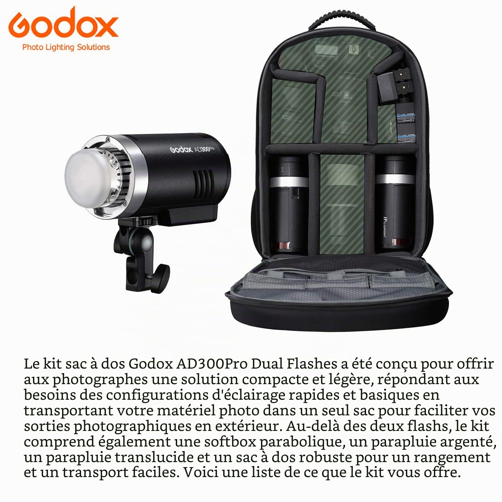 Godox AD300 Pro Kits d'éclairage Studio, AD300Pro Dual Flashes Backpack, 300W Flash de Extérieure 2.4G TTL 1/8000s HSS Speedlite, avec Godox AD-S60S Boîte à Lumière, 320 Flashes à Pleine Puissance