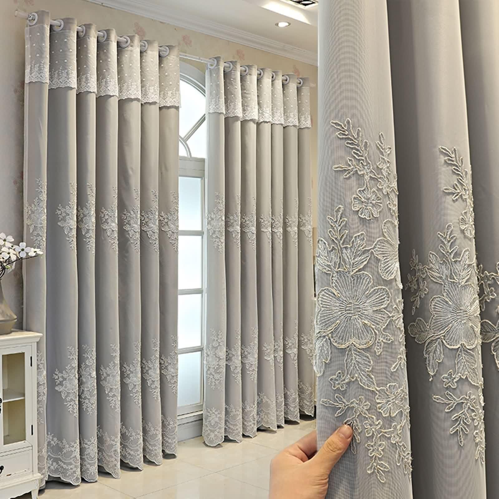 Rideau Chambre Gris, Occultant Rideau Salon Moderne Polyester Coton Broderie en Dentelle Double Couche Lot de 2 LxH 102x244cm
