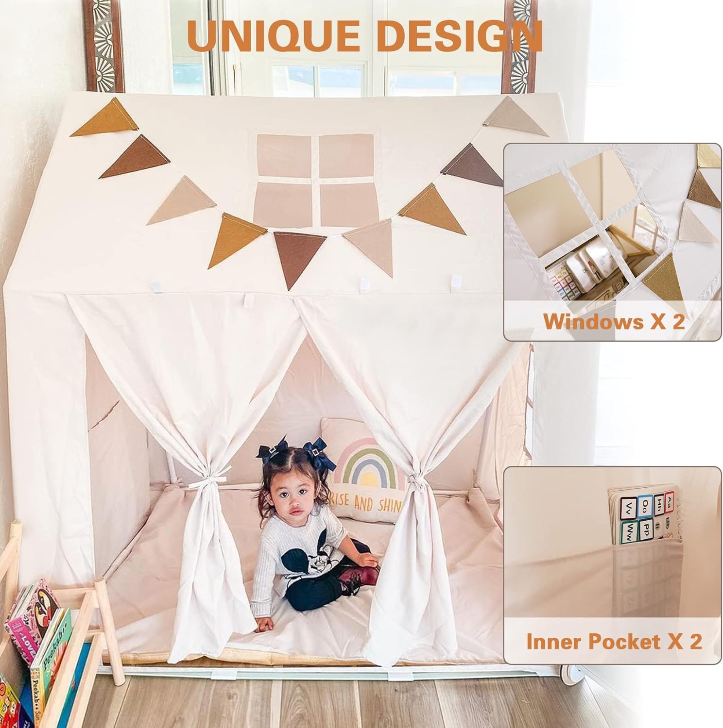 Kinderzelt mit Matte, Spielzelt für drinnen, Spielhaus für Kinder im Freien, Kinderspielzelt mit Fenstern und Aufrollbarer Tür für Jungen und Mädchen, Lichtern und Flaggen, 132 x 90 x 132 cm