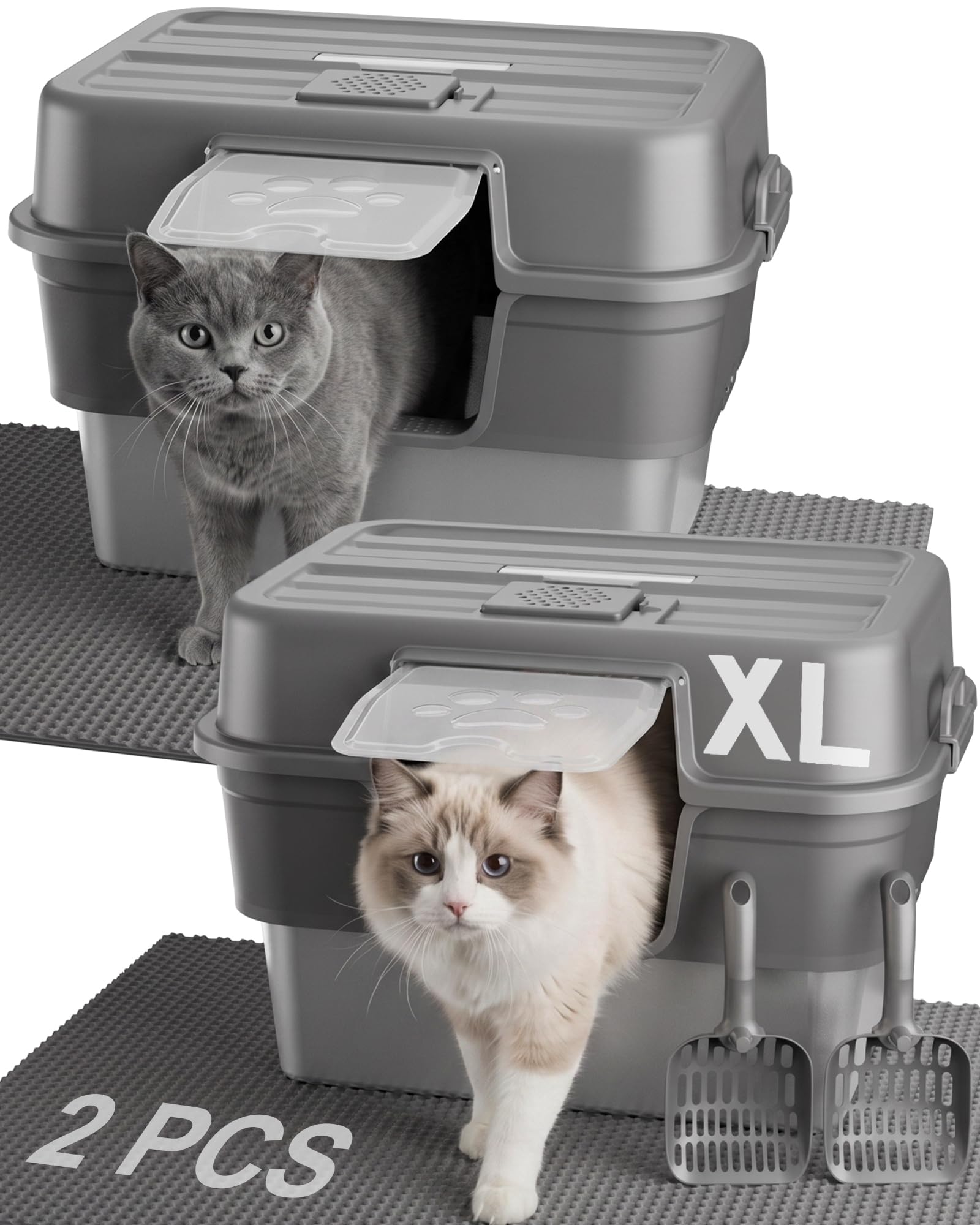 Photo 1 of 2PACK Stainless Steel Litter Box with Lid, XL Extra Large Litter Box for Big Cats, Enclosed Metal Litterbox High Sided, Easy Cleaning Anti-Urine Leakage, Mat & Filter Pedal & Scoop, Dark Grey