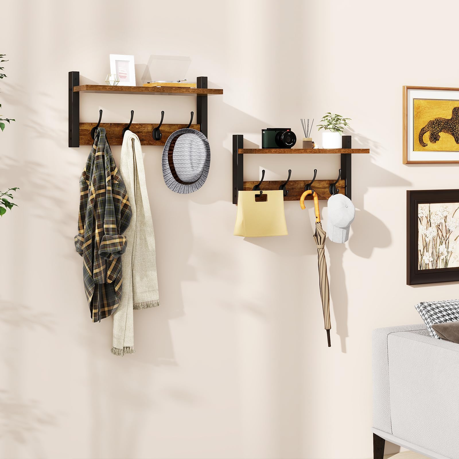 YMYNY Lot de 2 Patères Portemanteaux pour Entrée, Porte Manteau Mural, Meuble Entrée,Vestiaire Flottant, Étagère Suspendue, pour Chambre, Salle de Bain, Marron Rustique et Noir HWS001H-2