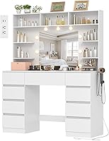 Draelibor 43" White Makeup Vanity Desk with Mirror, Adjustable LED Lights, 9 Drawers, 7 Shelves & Power Outlet