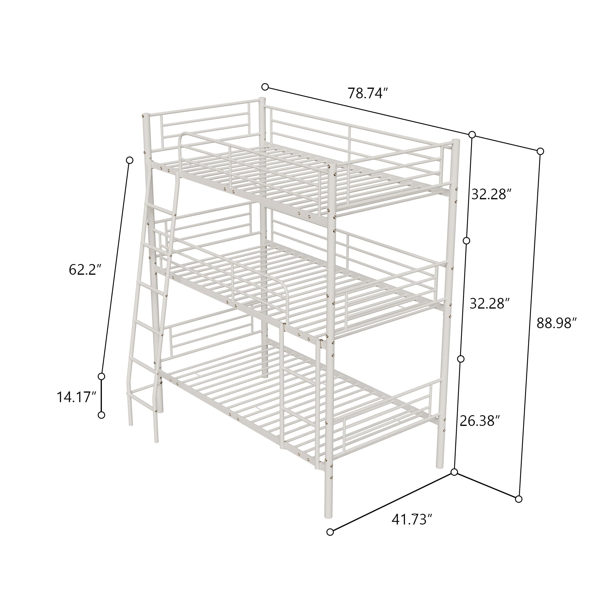SOFTSEA Heavy Duty Metal Triple Bunk Bed, Triple Bunk Bed Twin Over Twin Over Twin, Can be Disassembled Into 3 Twin Beds, White