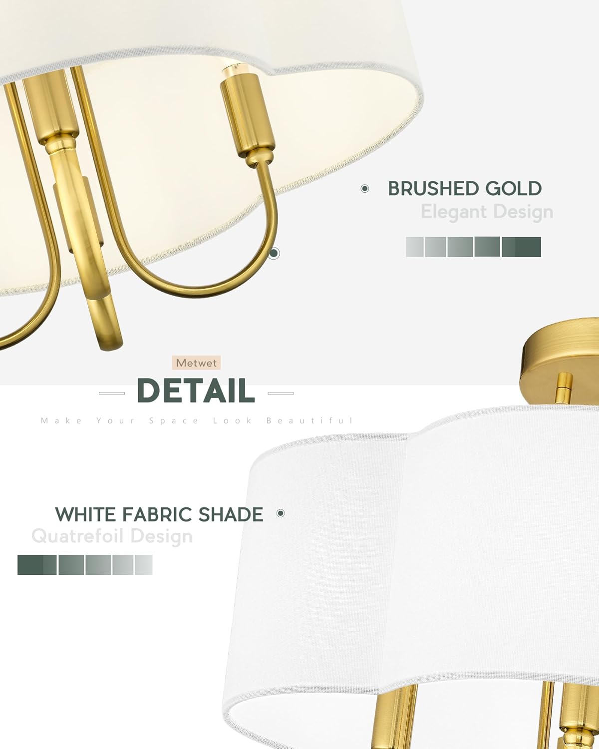 Gold Semi Flush Mount Ceiling Light, 18" 4-Light Light Fixtures Ceiling Mount with Fabric Shade in Quatrefoil for Kitchen Nursery Entryway Hallway Bedroom, SM179-BG-L