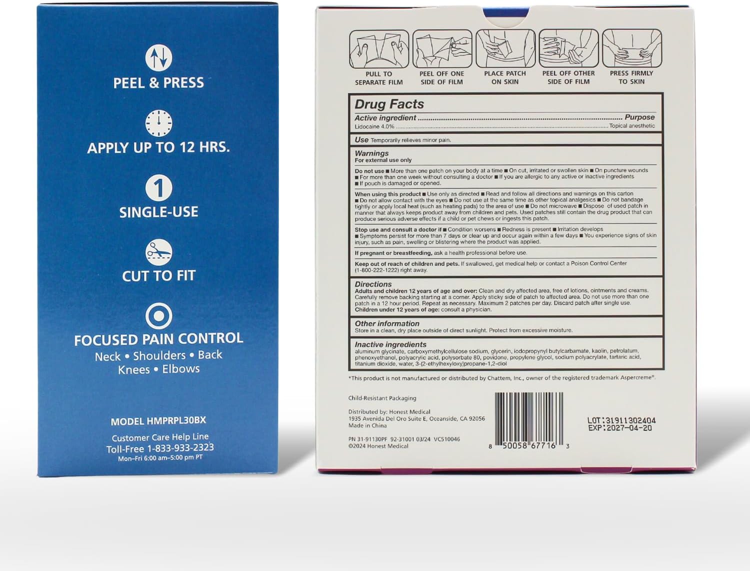HONESTMED Maximum Strength OTC Pain Relief Patch - 4% Lidocaine Patches for Back, Knee, Neck, Joints & Muscle Soreness, Unscented - 3.9” x 5.5”, Individually Packaged Single Use, 30 Count Box