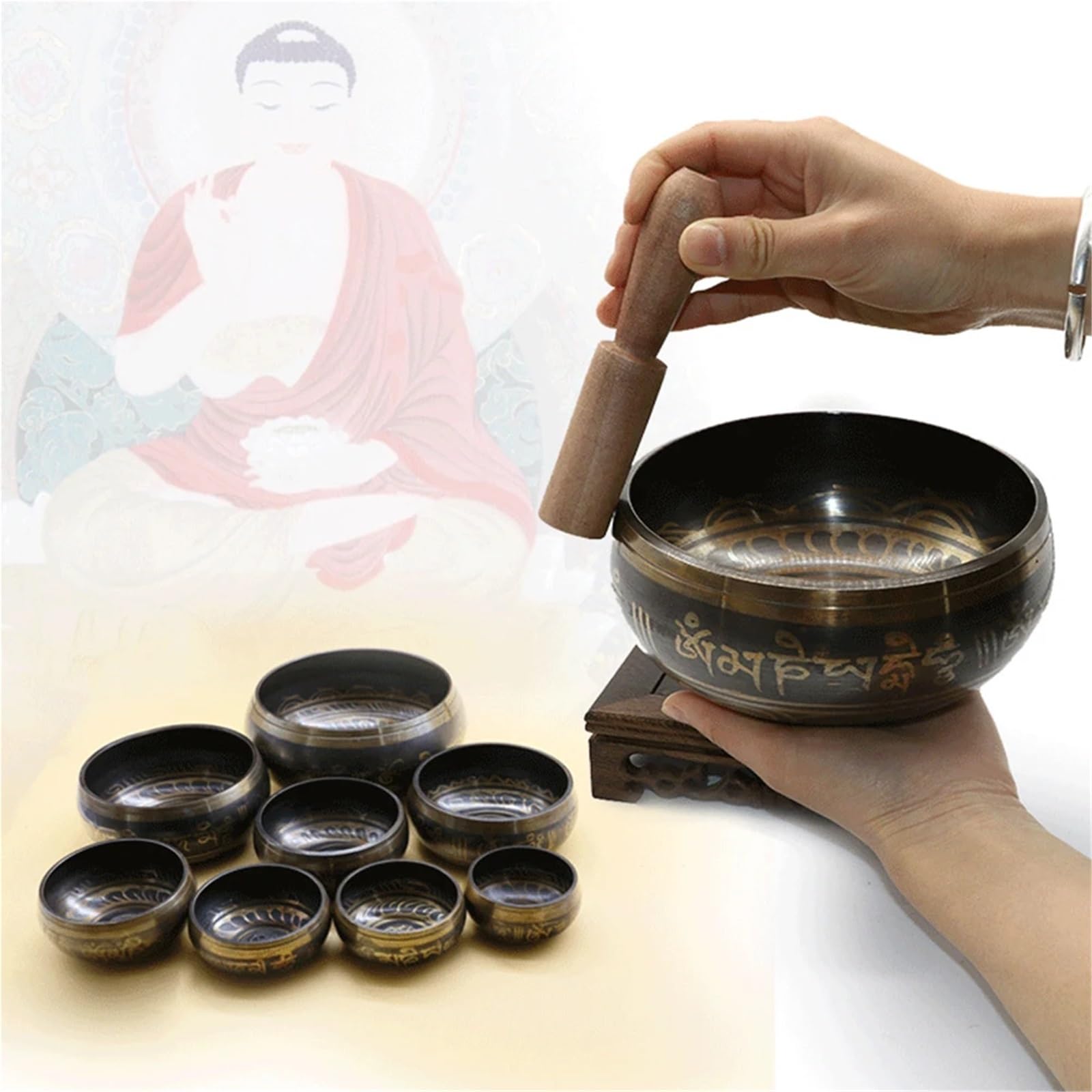 Set di campane tibetane Campana tibetana con percussione, fatta a mano, Buddha, yoga, meditazione, suono, guarigione, ciotola in rame(9.5cm)