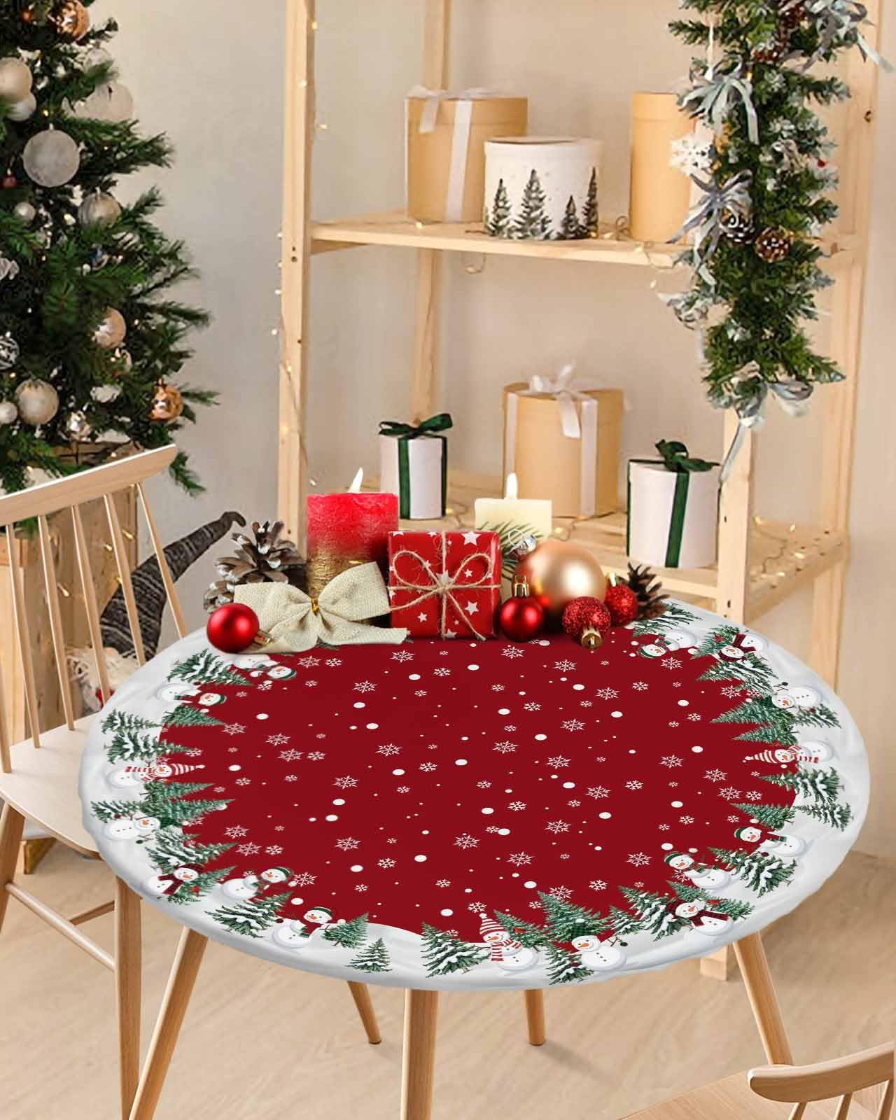Christmas Light Round Fitted Tablecloth for Round Table,Xmas Red Floral Waterproof Table Cloth Table Cover with Elastic Edge,Winter Snowflake Red Circle Table Cover for Kitchen Indoor Outdoor 45-54in : Home &