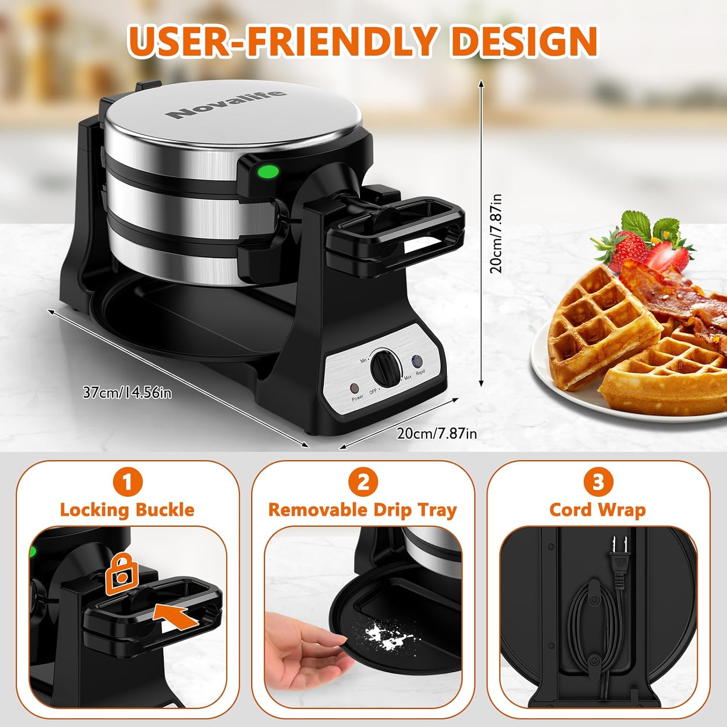 Waffle Maker, 1400W Belgian Waffle Maker, Double Waffle Iron 180° Flip, Rotating Nonstick Plates, Adjustable Browning Control, Locking Buckle & Cool Touch Handle, Removable Drip Tray, Stainless Steel