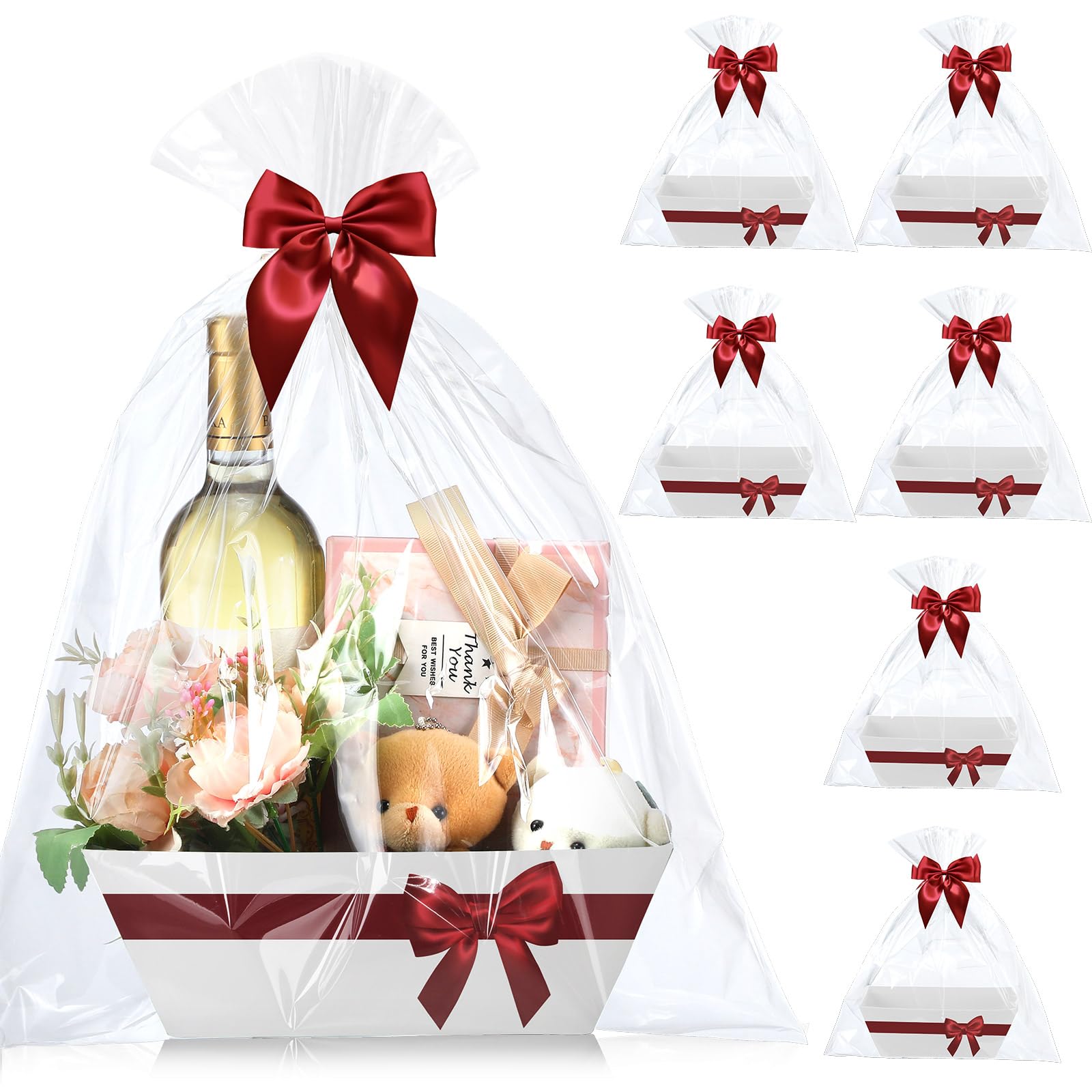 RattanView Kit da 12 cestini vuoti per confezioni regalo, 6 cesti per vino, 6 sacchetti di cellophane, kit da riempire per baby shower, feste di compleanno, regali (bianco, nastro rosso)