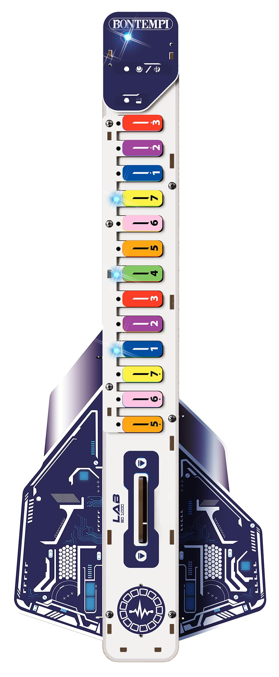 BONTEMPI - Kit di Montaggio Chitarra Elettronica con Componenti in Legno, Unità di Controllo Elettronica, Altoparlanti, 20 Brani Pre-Registrati, 5 Suoni, Volume Regolabile 165x415x50 mm
