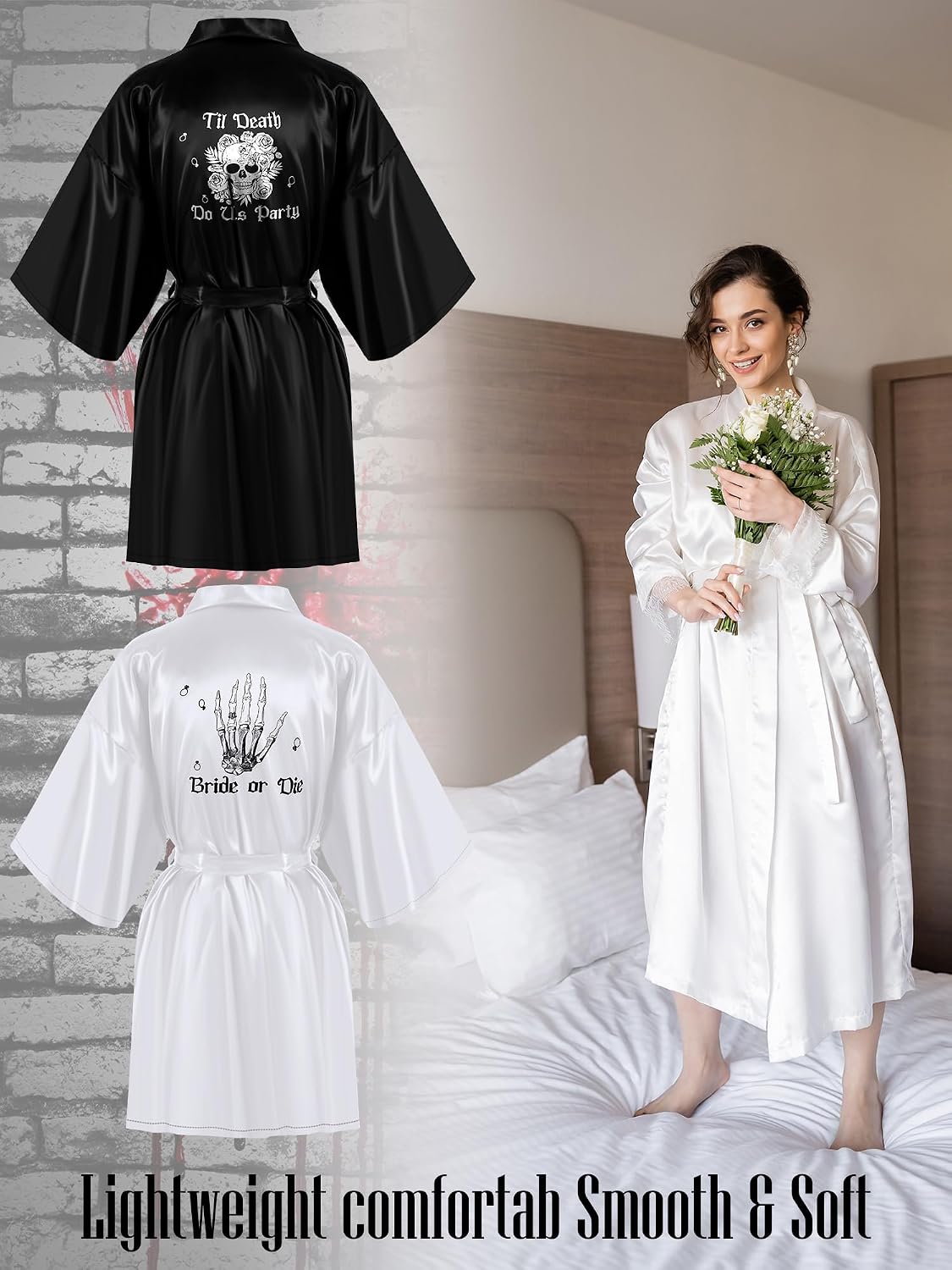 Panitay 6 Pcs Bridesmaids Robes Till Death Do Us Party Bachelorette Bride or Die Bachelorette Party Robes Skull Black White Bride Robe for Bridal Shower Gothic Wedding Decor Dress