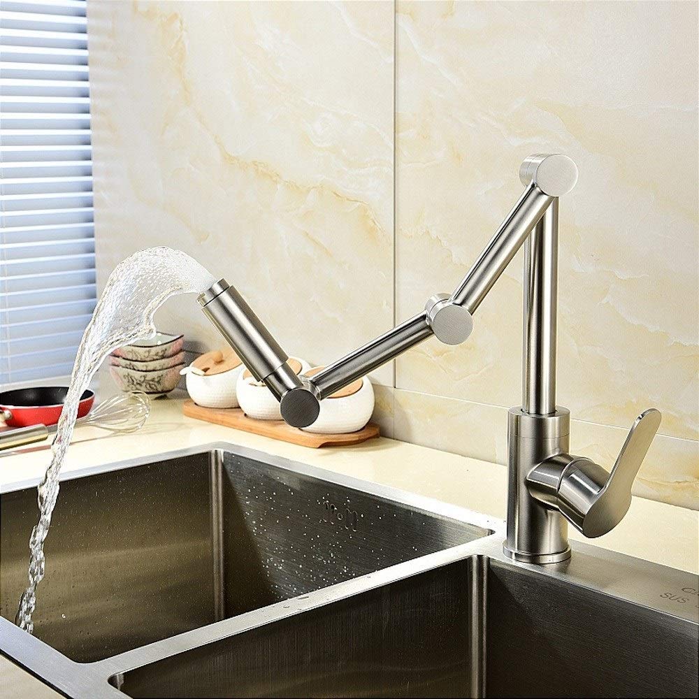 Grifo de Cocina articulado de Acero Inoxidable 304 sin Plomo - Agua fría y Caliente, diseño telescópico de Doble Pliegue con rotación de 360°, Acabado Cepillado contemporáneo.