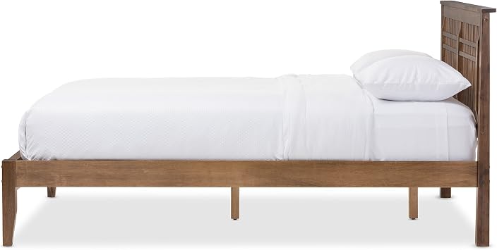 Baxton Studio Lise Mid Century Modern Solid Walnut Wood Window Pane Style Platform Bed, Queen, Brown