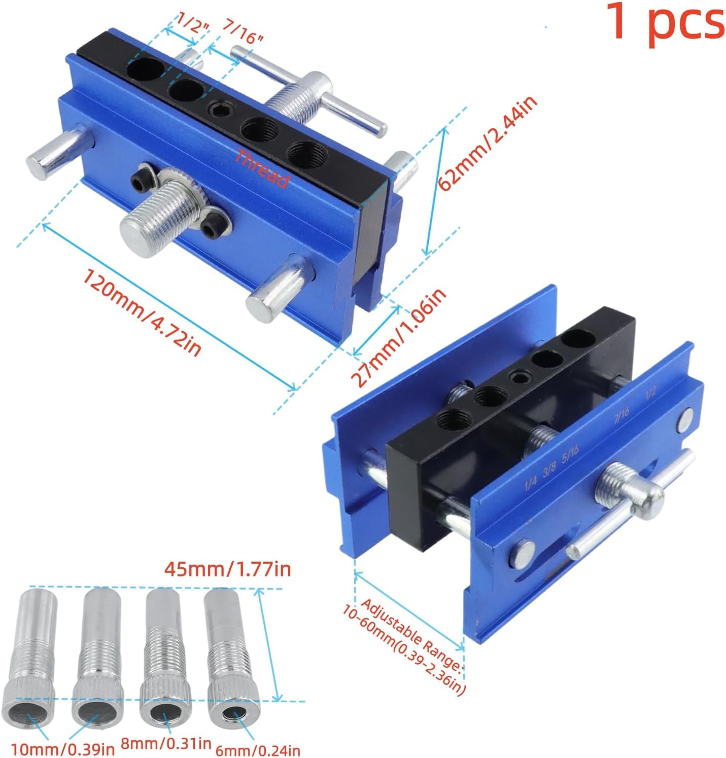 4.72 Inch Self Centering Doweling Jig Kit, Drill Jig for Straight Holes Biscuit Joiner Set With 4 Drill Guide Bushings, Adjustable Width Drilling Guide Power Tool Accessory Jigs(Blue)