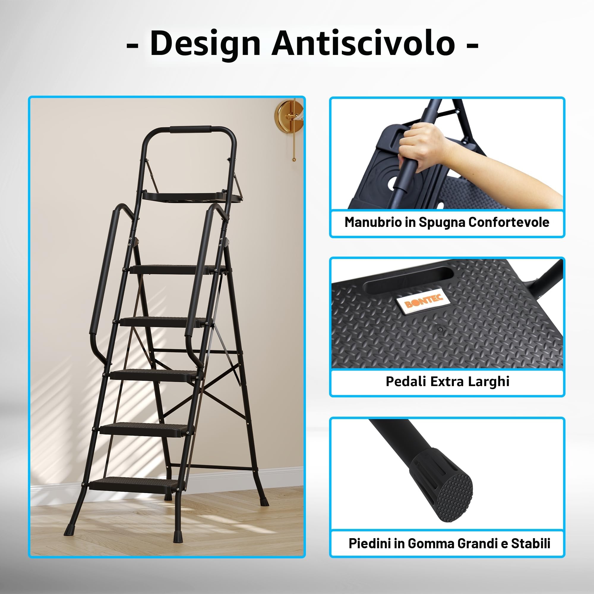 BONTEC Scala Pieghevole a 5 Gradini con Pedali Extra Larghe in Plastica Antiscivolo, Struttura in Ferro, Vassoio Portaoggetti e Borsa Attrezzi, Portata 150 kg, Facile da Riporre,Nero