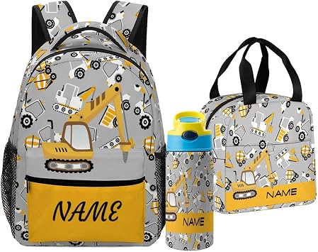 Custom Cartoon Car Excavator 3 Piece Set Kids Backpack with Lunch Bag Kids Water Bottle Personalized Name School Bag for Girls Boys Customized Bookbag Back to School