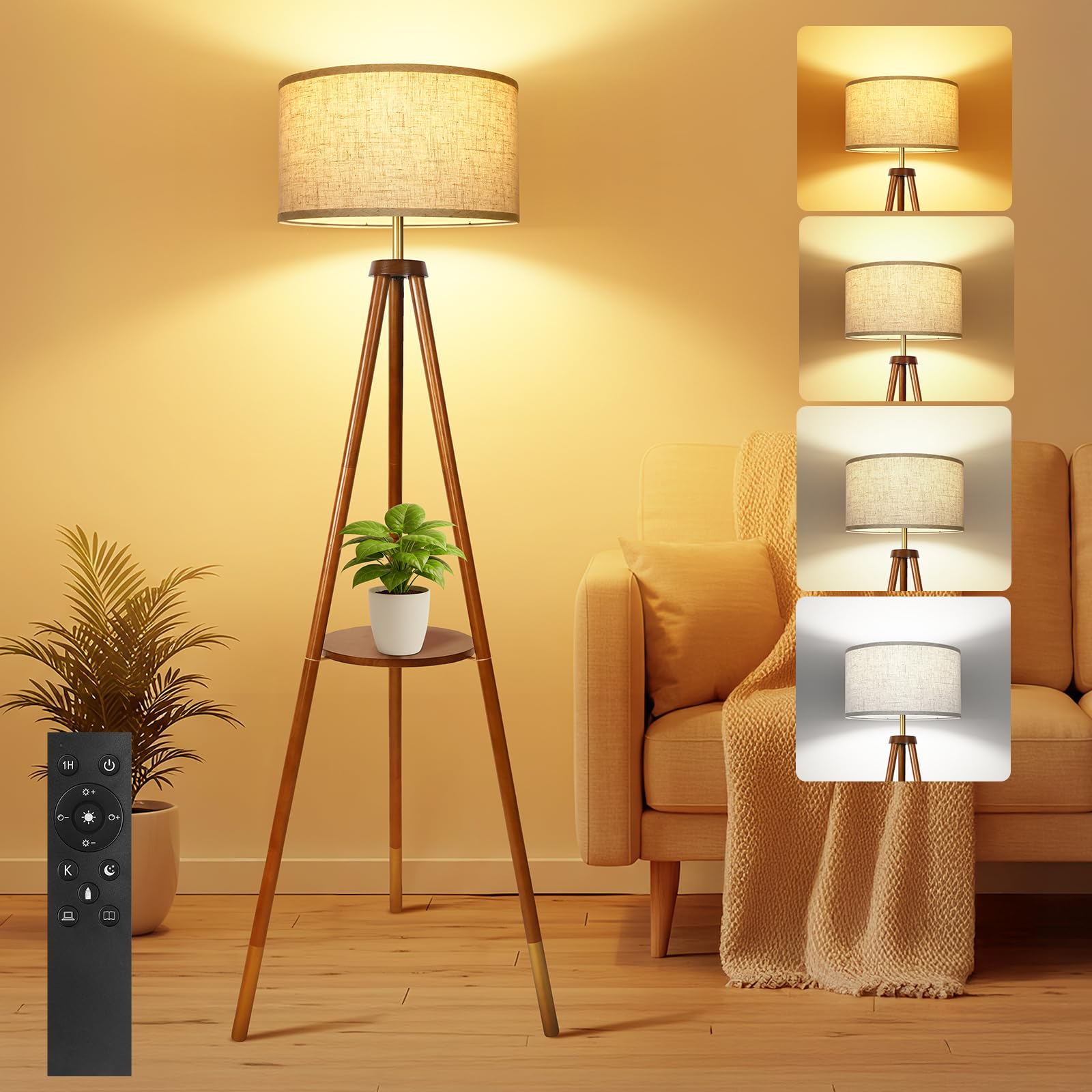 OUTON Lampara de Pie Trípode de Madera, Lámpara de Pie Moderna Regulable con Control Remoto, 4 Temperaturas de Color, Temporizador de 1H, Pantalla de Lino para Salon, Dormitorio, Oficina(Nogal Dorado)