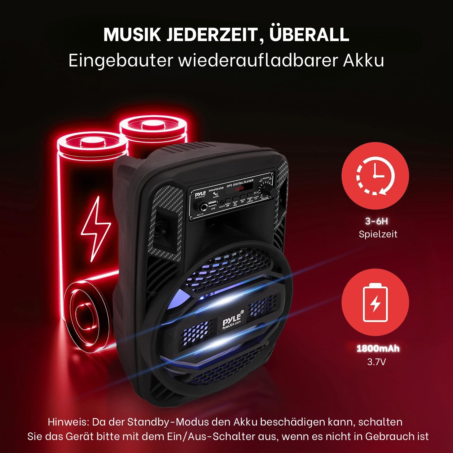 Pyle Bluetooth PA Lautsprecher 300W 8" Subwoofer mobiles PA System Karaoke Maschine Akku USB MP3 AUX FM