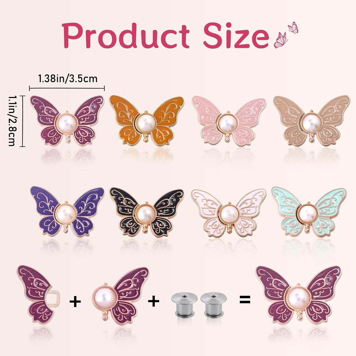 8 PCS Butterfly Waist Tightener, No Sew Jean Waist Adjuster, Detachable Decorative Waist Fasteners Clips for Loose Pant Jeans, 8 colors image 3