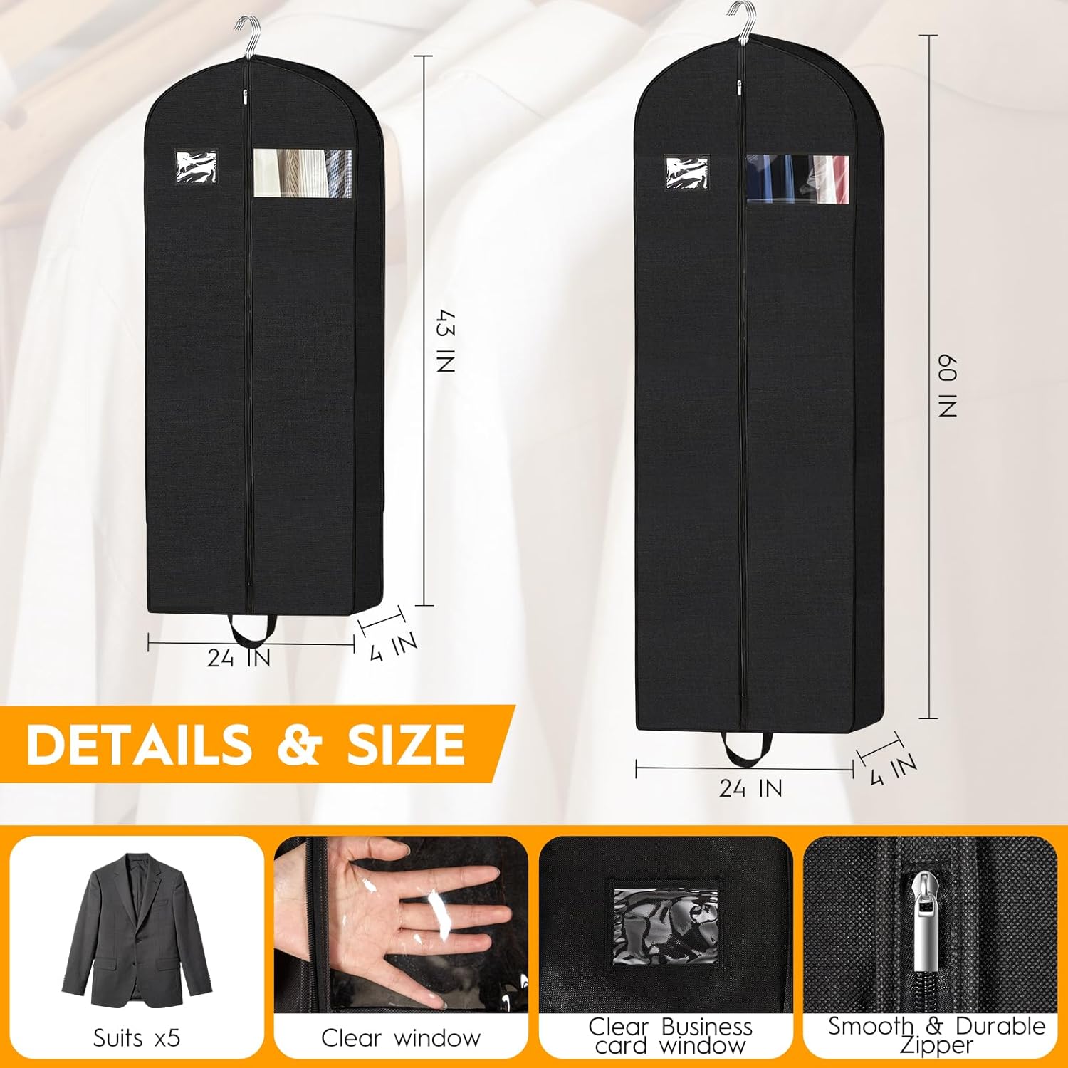 4-Pack Garment Bags for Storage & Travel - 60" & 43" Hanging Clothes Bags with 4" Gusset, Clear Window, Handle & ID Holder | Suit, Dress, Coat Covers for Closet Organization