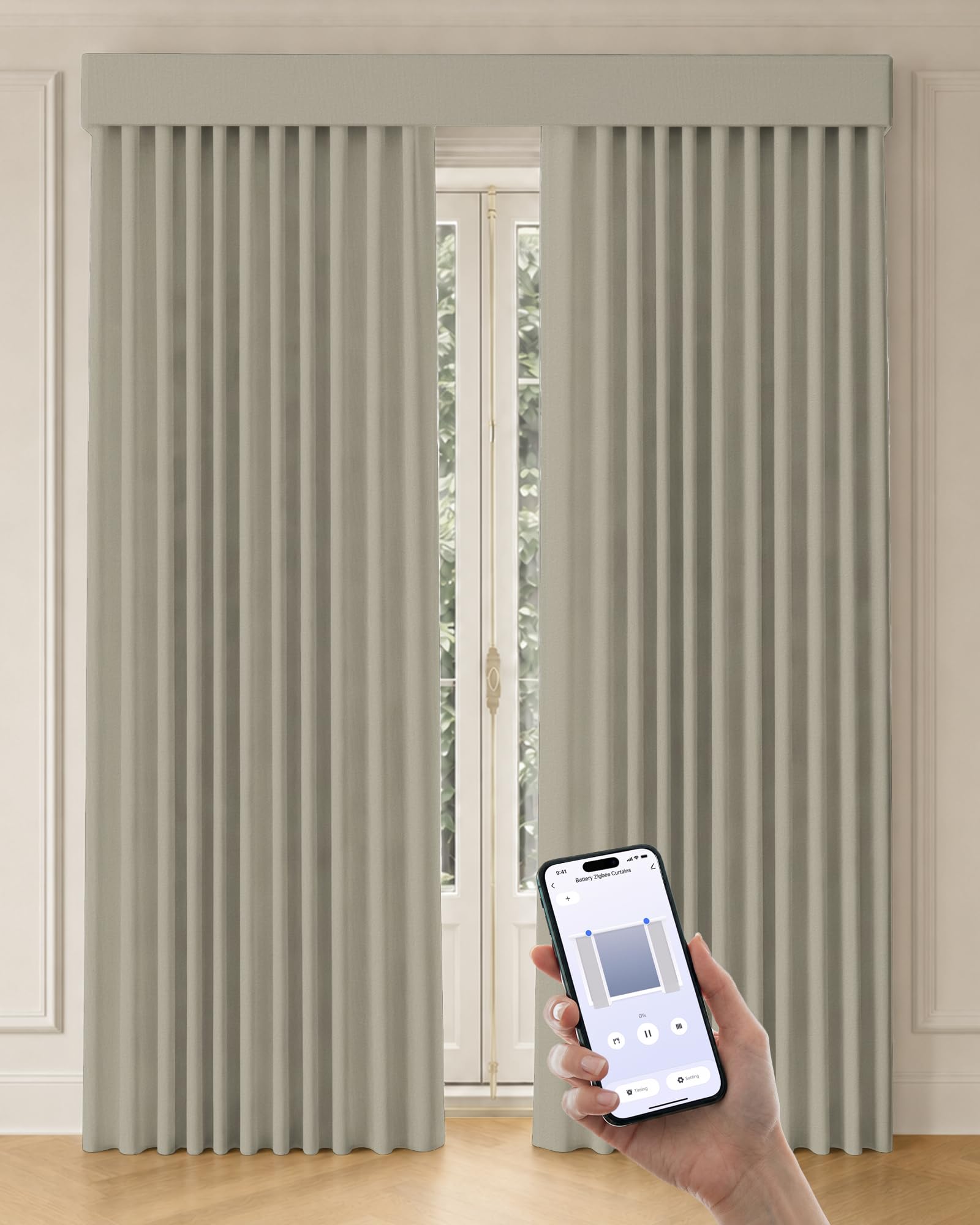 Graywind Motorized Curtains with Track, Room Darkening Smart Curtains, Hardwired Curtains Compatible with Alexa Google Home Remote Control for Large Windows, Custom Drapes Up to 220", Canvas (Bone)