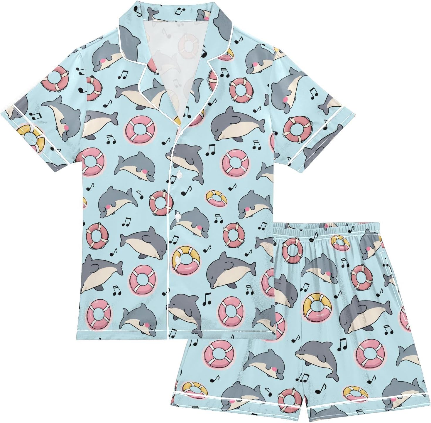 Kids Satin Wear Set Dolphin Swimming Circle Pattern Relaxing Clothing Short Sleeve and Shorts