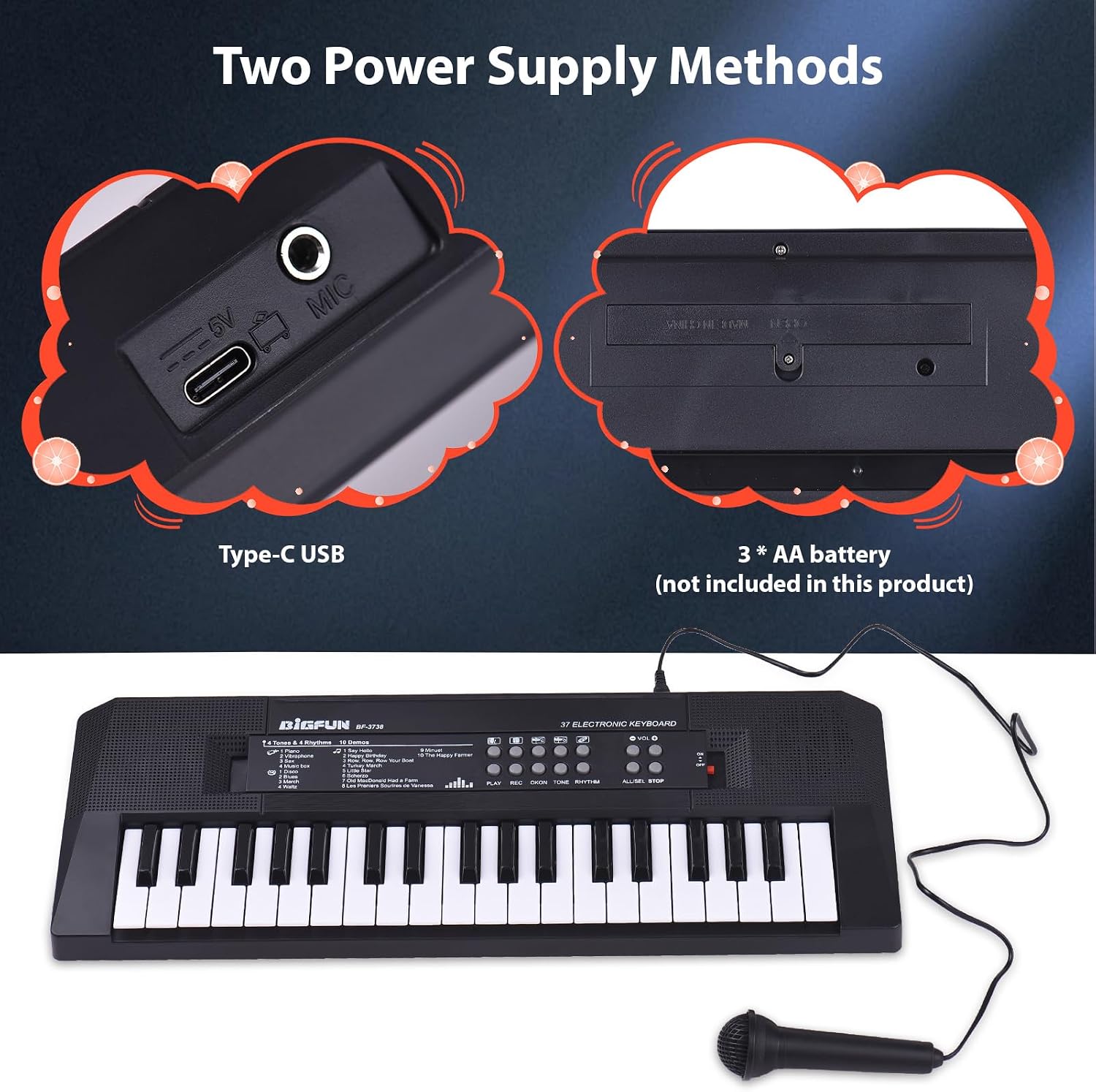 37 Key Electronic Keyboard Piano 4 Tones 4 Rhythms 10 Demos 5 Percussions Single Speaker Musical Instrument with Microphone Dual Power Mode Portable Music Piano Keyboard for
